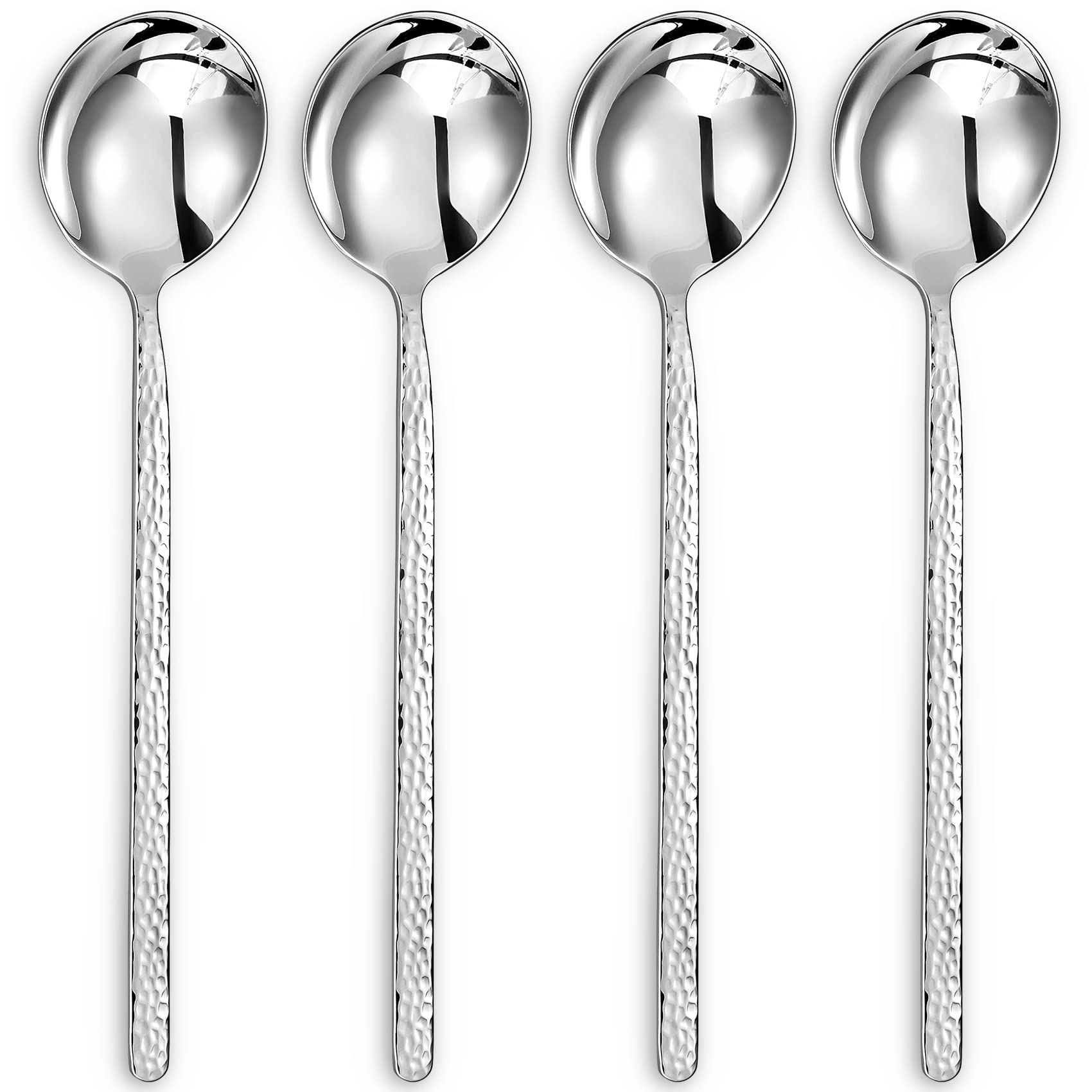 KEAWELL Premium Korean Soup Spoons with Long Handles, Set of 4, 18/10 Stainless Steel, Dishwasher Safe (Hammered)