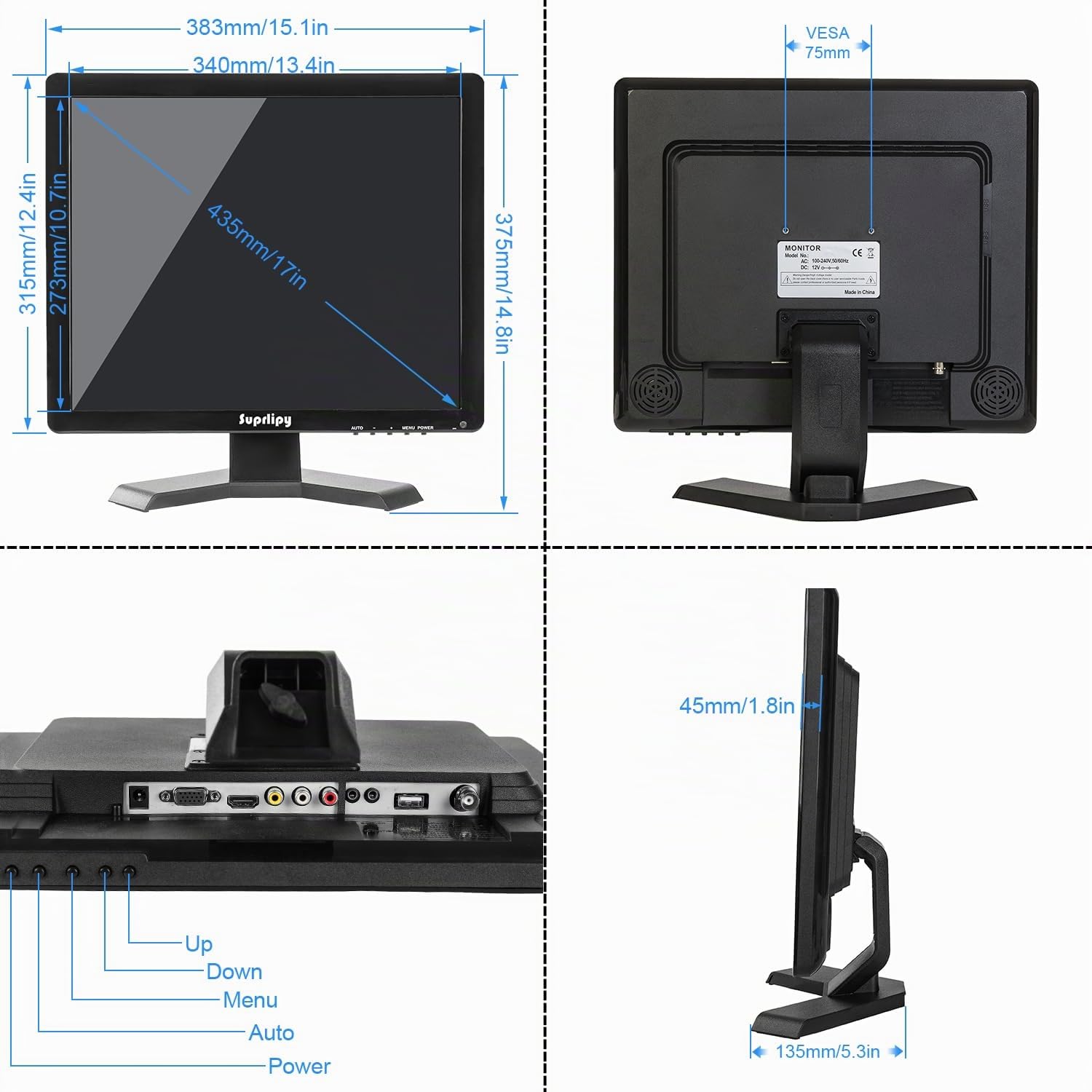 Schermo touch screen da 17 pollici, 1280 x 1024, supporto HDMI, VGA, AV, USB, BNC, 10 punti tattili, capacitivo, TFT LED, monitor per PC portatile, Xbox, PS5, PS4, Switch POS, sistemi