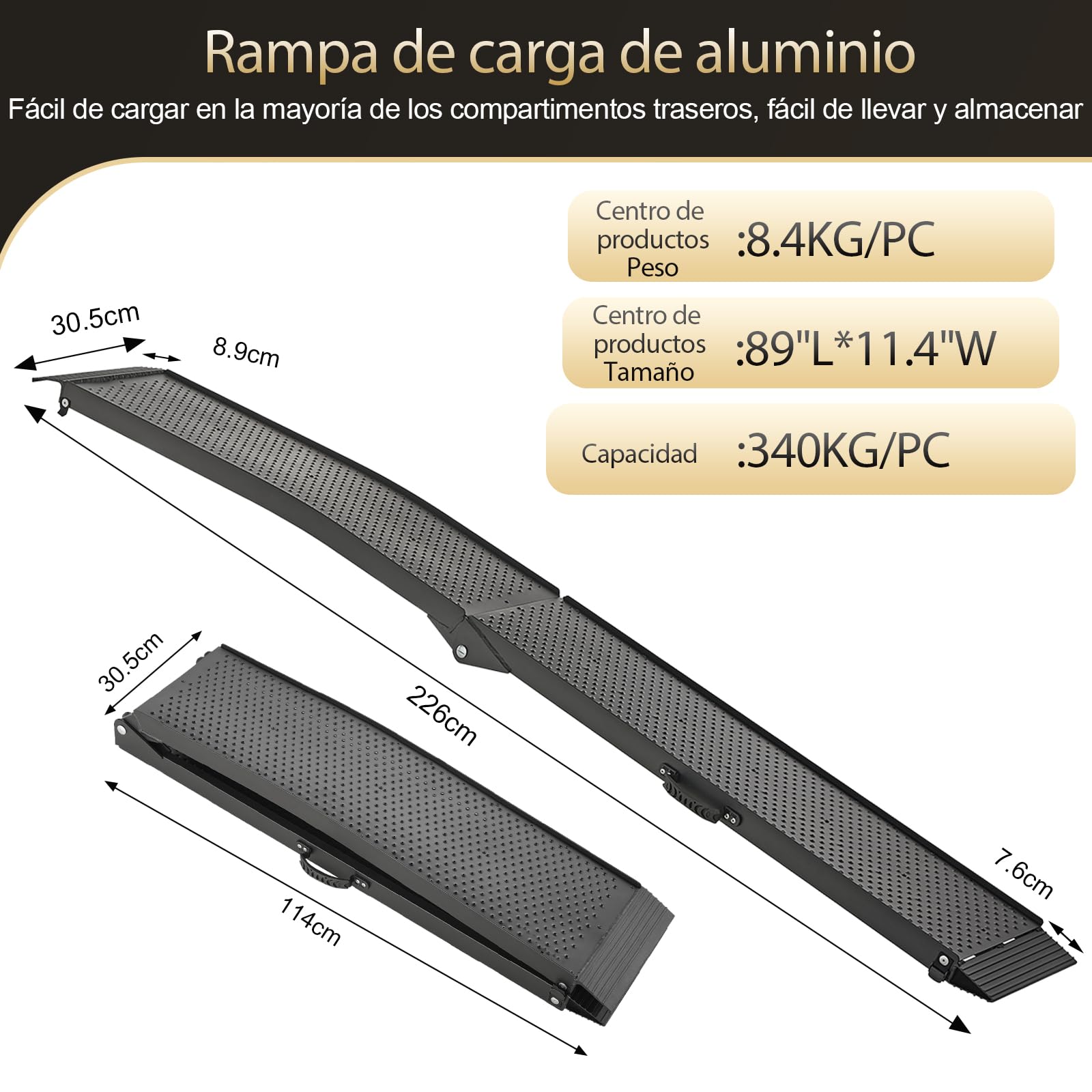 gardhom Rampa Coche Plegable 340kg Aluminio Rampas de Carga 228x28x4.5cm Portátil Rampa Moto, Bicicletas, Remolques, Cortadoras de Césped, Sillas de Ruedas