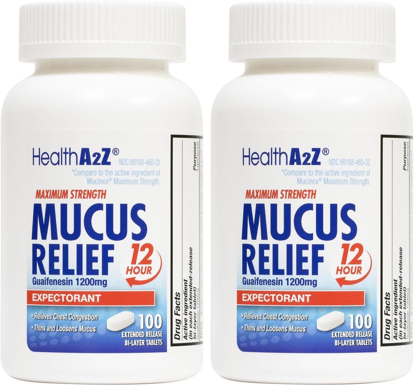 HealthA2Z® Mucus Relief | Guaifenesin 1200 mg | 100 Tablets | 12 Hour | Expectorant | Relieves Chest Congestion | Thins and Loosens Mucus (100 Tablets) (Pack of 2)