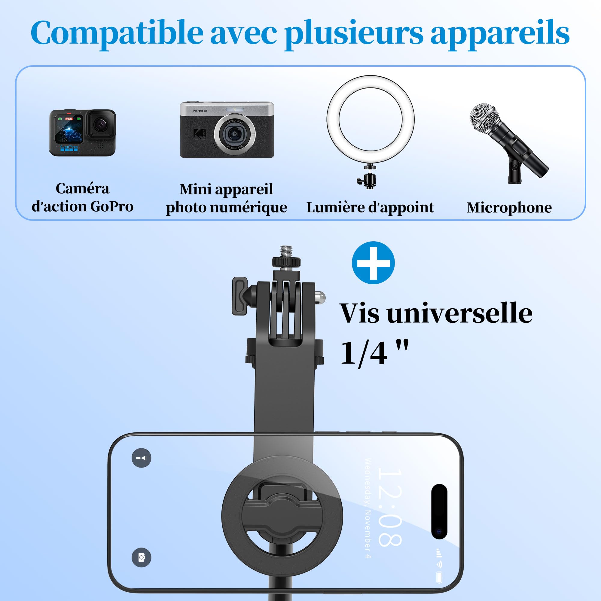 PlusAcc 176 cm Trépied magnétique pour MagSafe Selfie - Support Stable en Aluminium et Support de Voyage Rotatif à 360° - Compatible avec iPhone/Smartphones pour Selfies, enregistrements vidéo en
