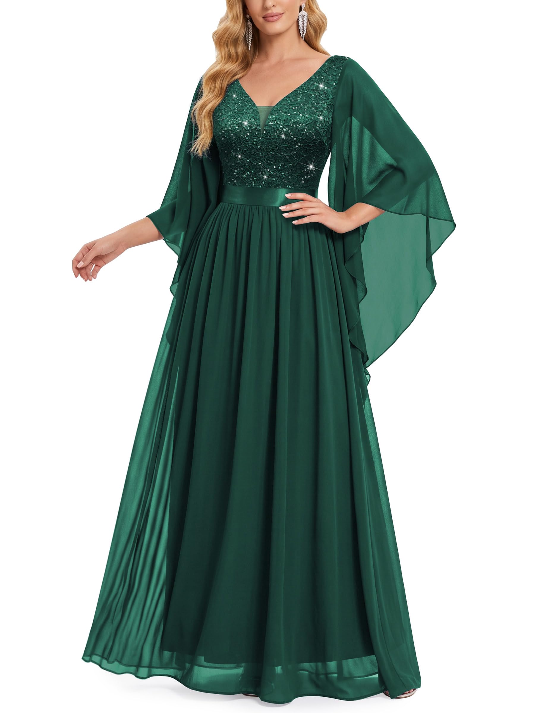 Miusol Women's Deep-V Neck Lace Contrast Sequin Formal Evening Maxi Dress