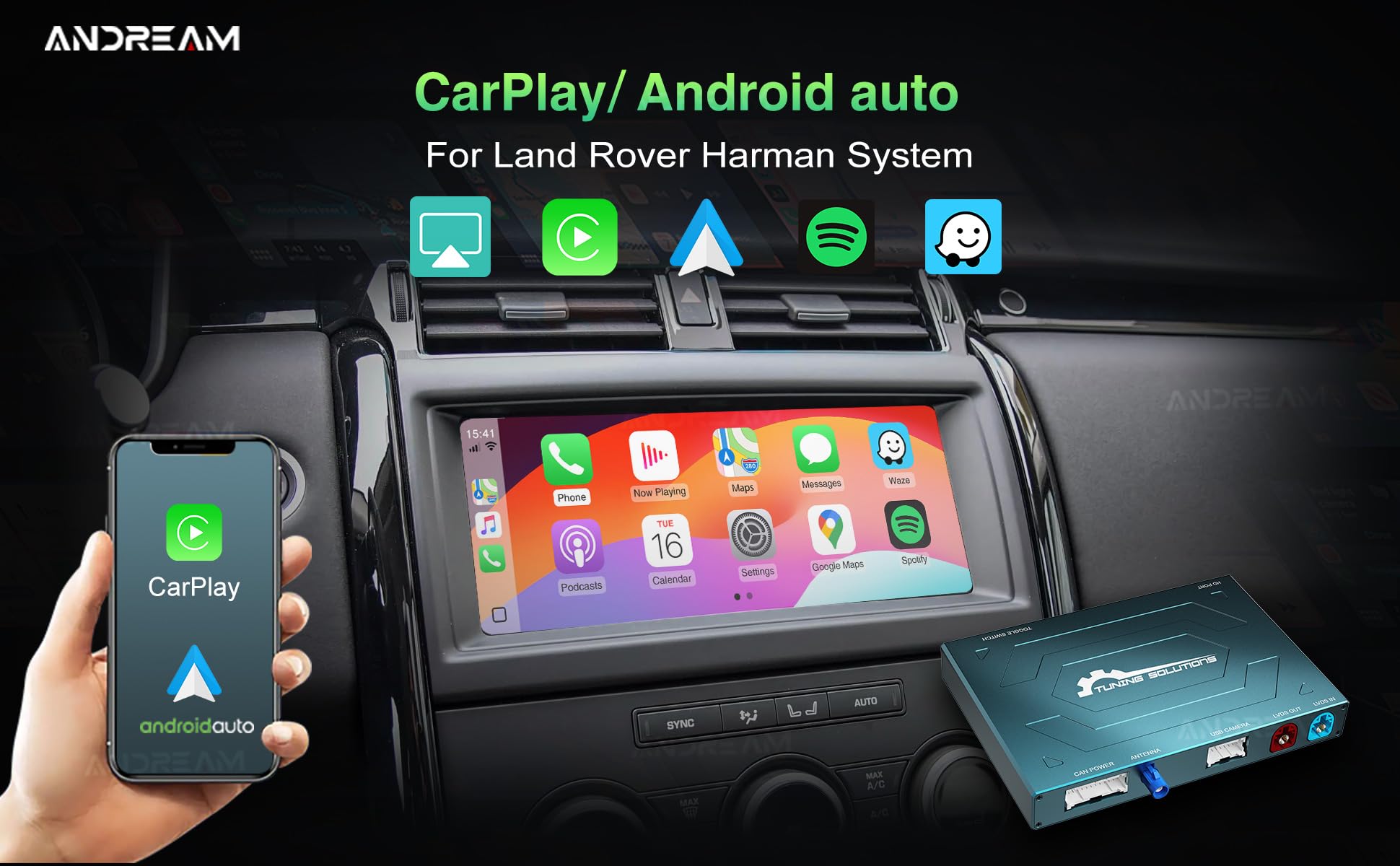 Andream Bezprzewodowa modernizacja Carplay do Land Range Rover Sport Evoque Vogue Discovery 4 Jaguar XE XF, bezprzewodowy moduł Carplay Android Auto, zestaw modernizacyjny, obsługa Mirrorlink, GPS