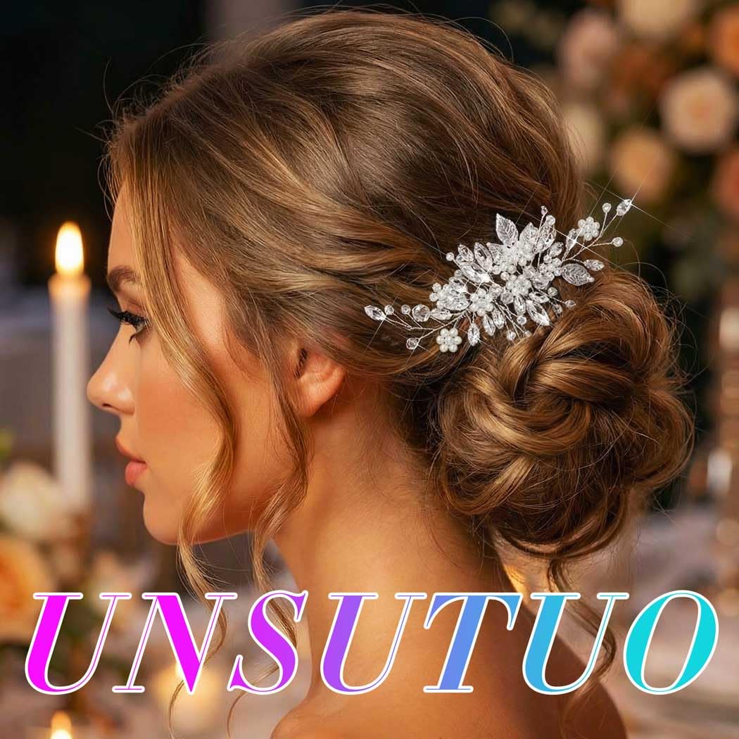 Unsutuo Silver Rhinestone Hair Combs Pearl Flower Headpieces Leaves Weddinig Hair Accessories for Women and Girls (Silver)