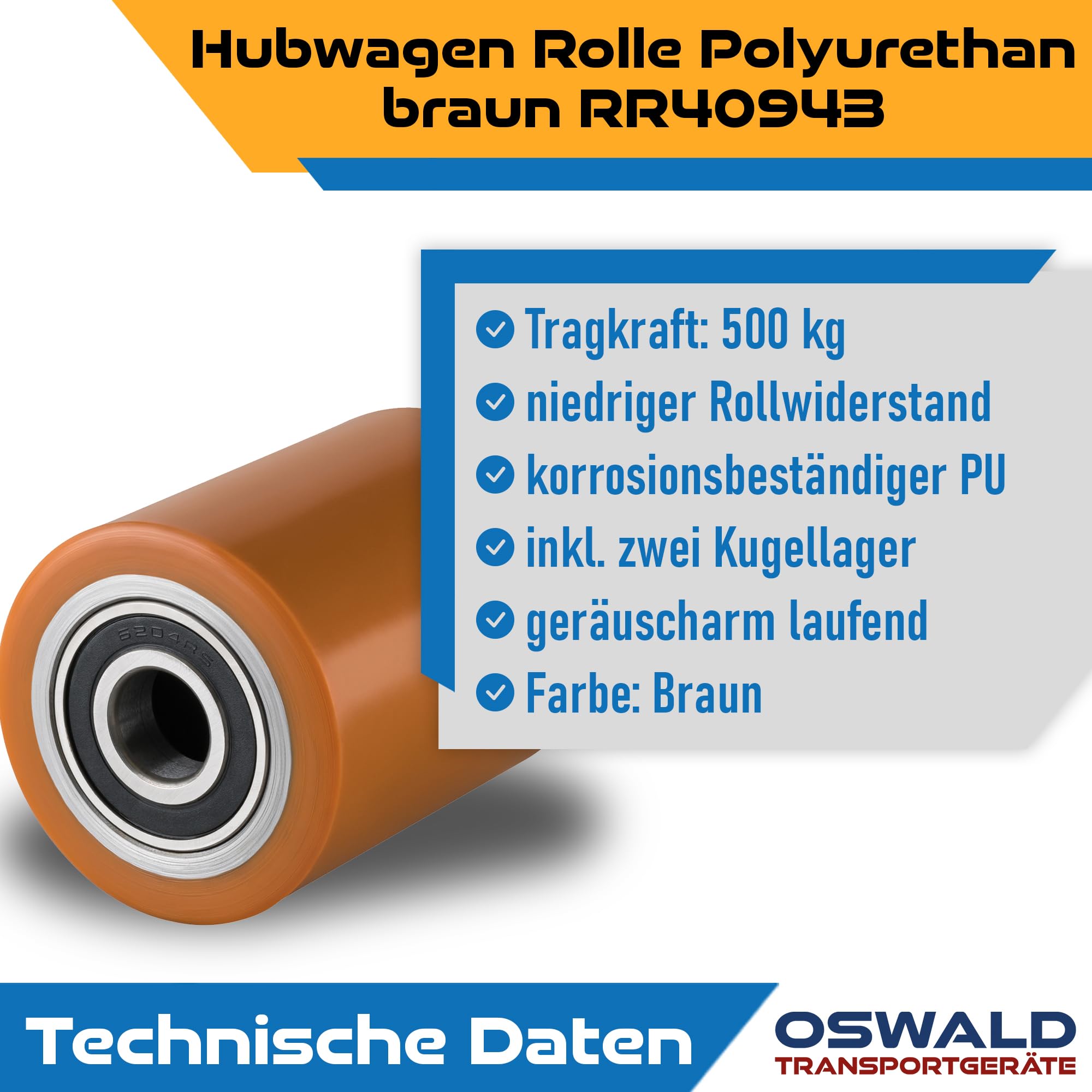Hubwagen Rolle Polyurethan braun 80 x 100 mm, Achse 25 mm - Ersatzrolle inkl. Kugellager