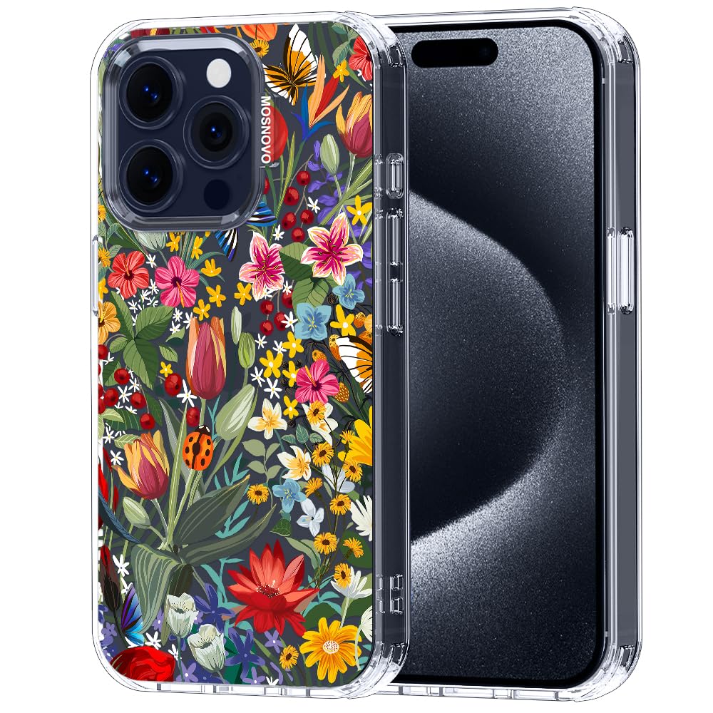 MOSNOVO Case for iPhone 15 Pro, [Buffertech 6.6ft Military-Grade Drop Protection] [Anti Peel Off Tech] Clear TPU Bumper Phone Case Cover Design - In The Garden
