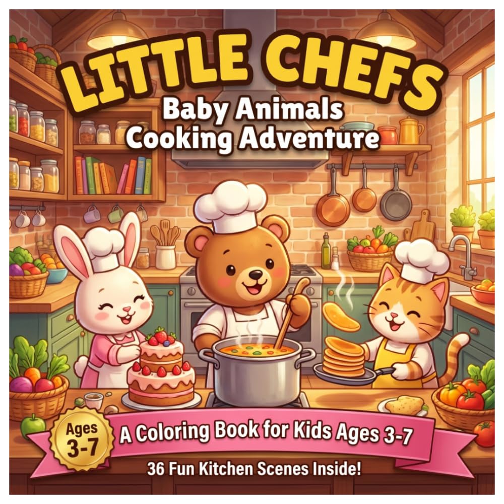 Little Chefs: Baby Animals Cooking Adventure: A Fun Coloring Book for Kids Ages 3-7 with 36 Adorable Kitchen Scenes