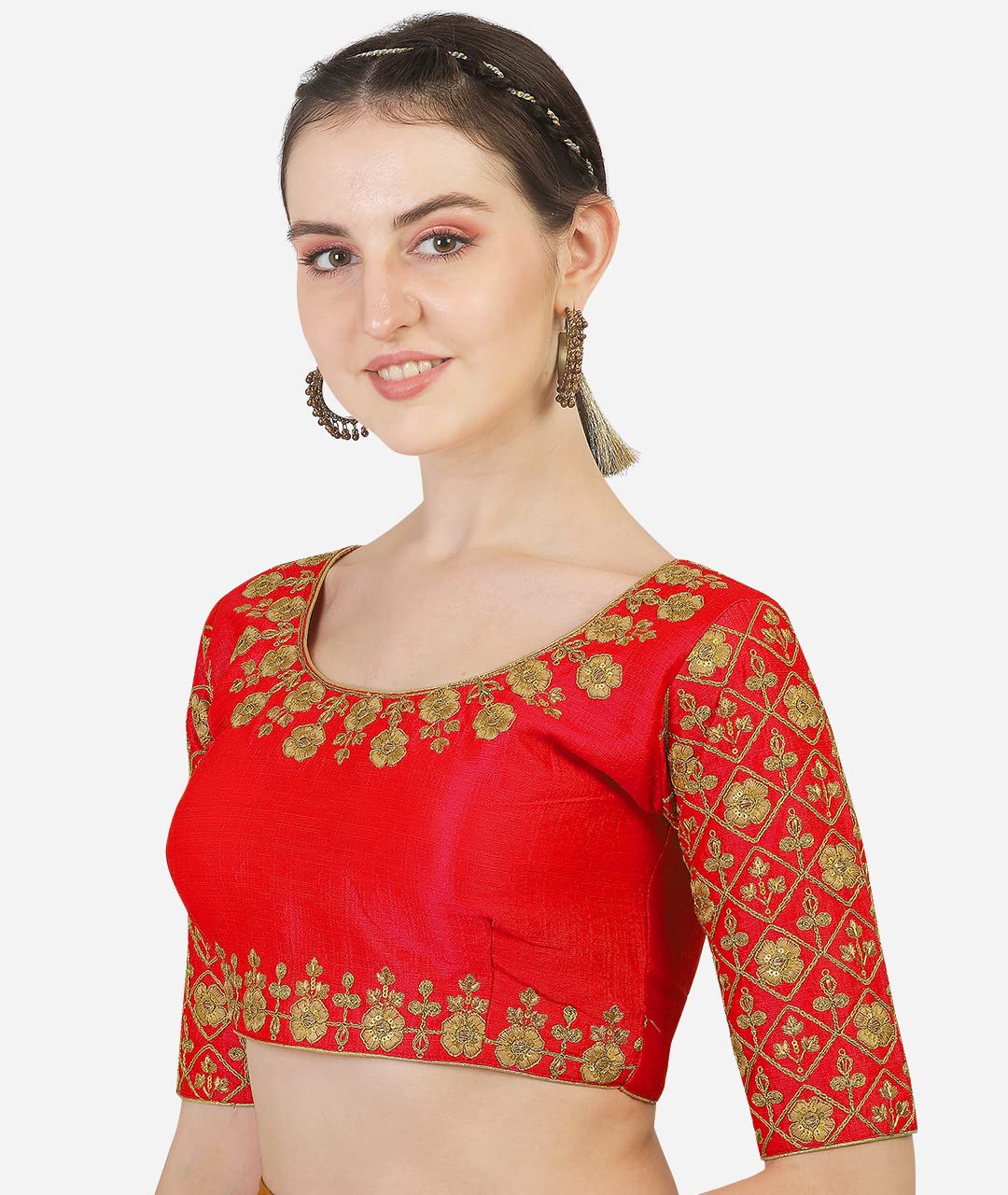 Pujia Mils Women's Silk Floral Half Sleeve Blouse (Madhubala_Red_36)