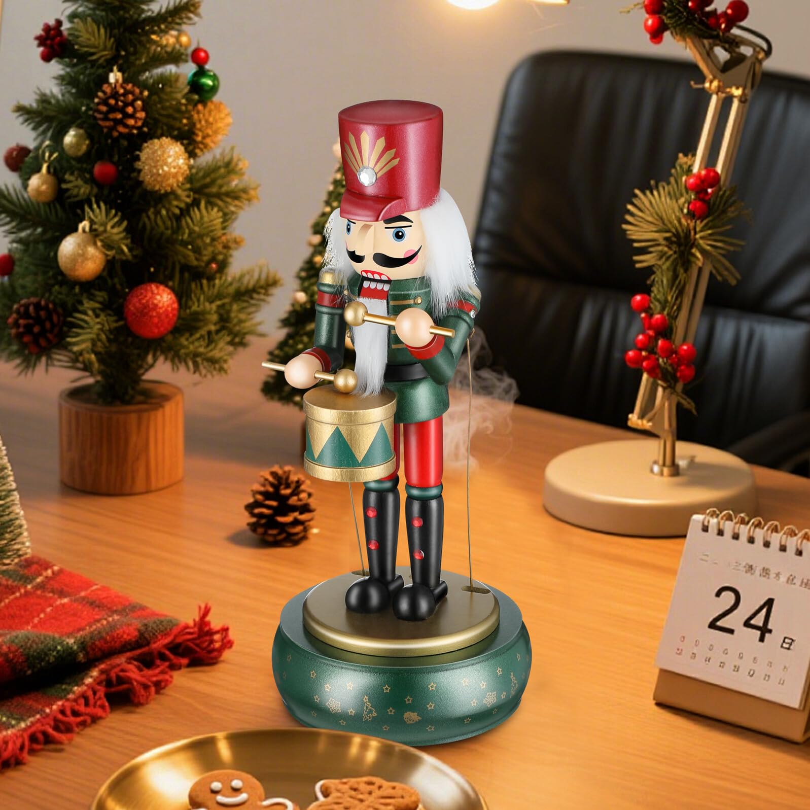 Caja de Música Navideña de Madera Cascanueces 32 Cm con Manos y Boca Móviles, Adorno Festivo Tradicional para Decoración de Navidad y Obsequio Especial