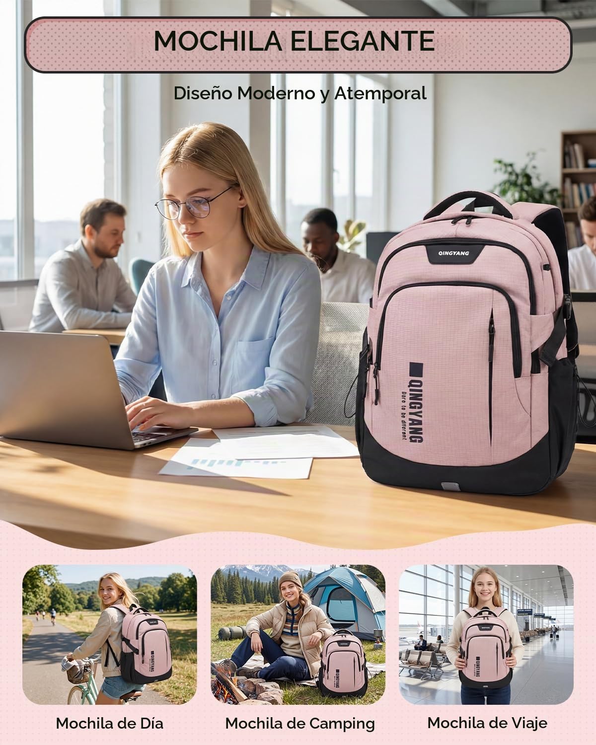 Mochila Escolar para Chicas Adolescentes, Mochilas Grande para Instituto de 32L Impermeable y Transpirable, Mochila Tipo Casual para Portátil de 15.6", 12+ años, Rosa