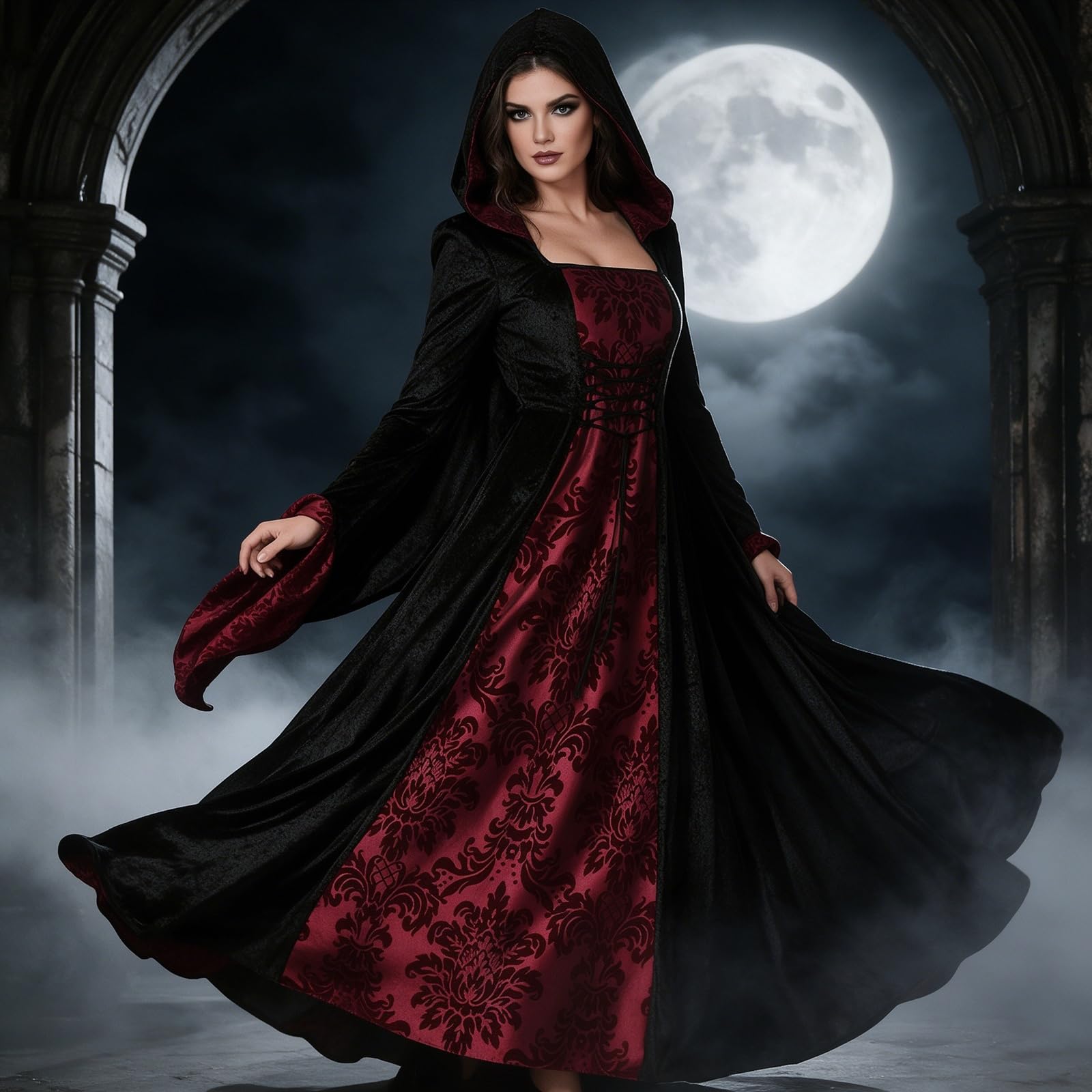 Didadihu Hexenkostüm Damen Mittelalter Kleidung Lang mit Kapuze Gothic Kleid Elegant Halloween Kostüm mit Spitze & Kordel Gothikkleider Mystisch Romantisch Outfit für Cosplay Kostümparty