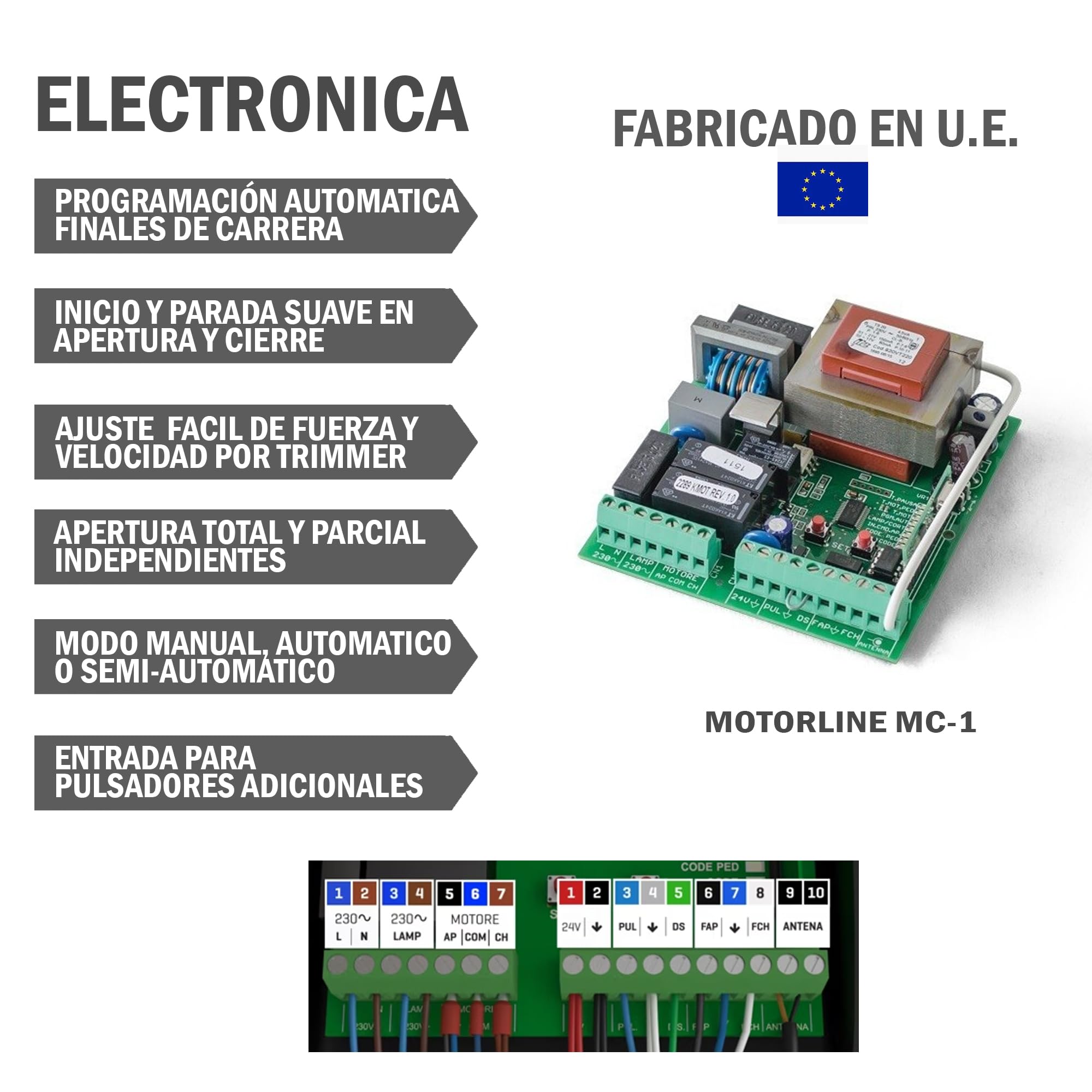 Kit completo Motorline Bravo 500 motor corredera profesional para automatizar puertas y cancelas correderas de hasta 500 kg de peso, con accesorios de calidad profesional y manual en español.