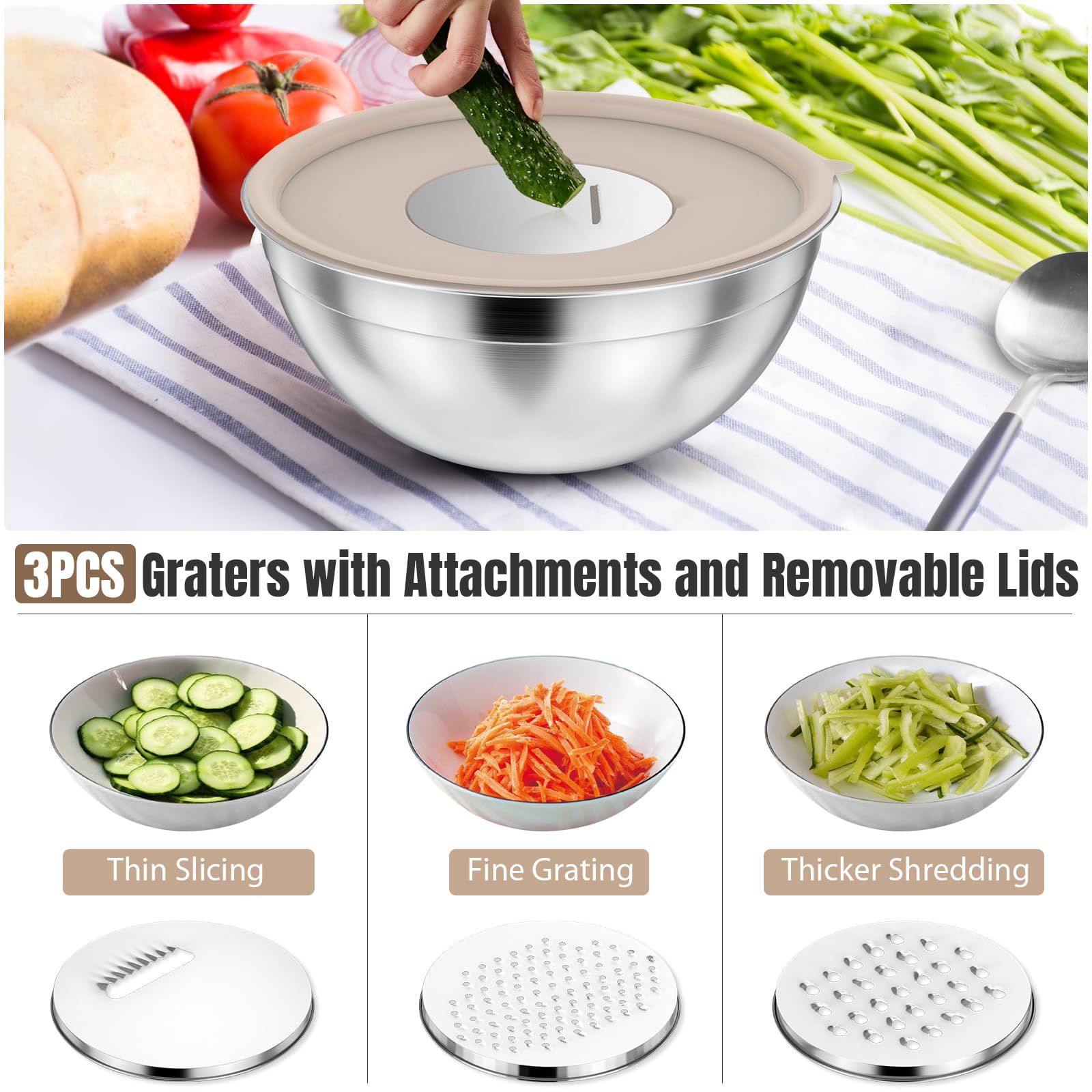 ENVTEK 7-teiliges Rührschüssel-Set aus Edelstahl mit Deckel und 3 Reibeaufsätzen - Größe 4,5, 4, 3,5, 2,1, 1,5, 1,1, 0,7QT, Küchenhelfer-Set zum Kochen, Backen und Servieren, Khaki