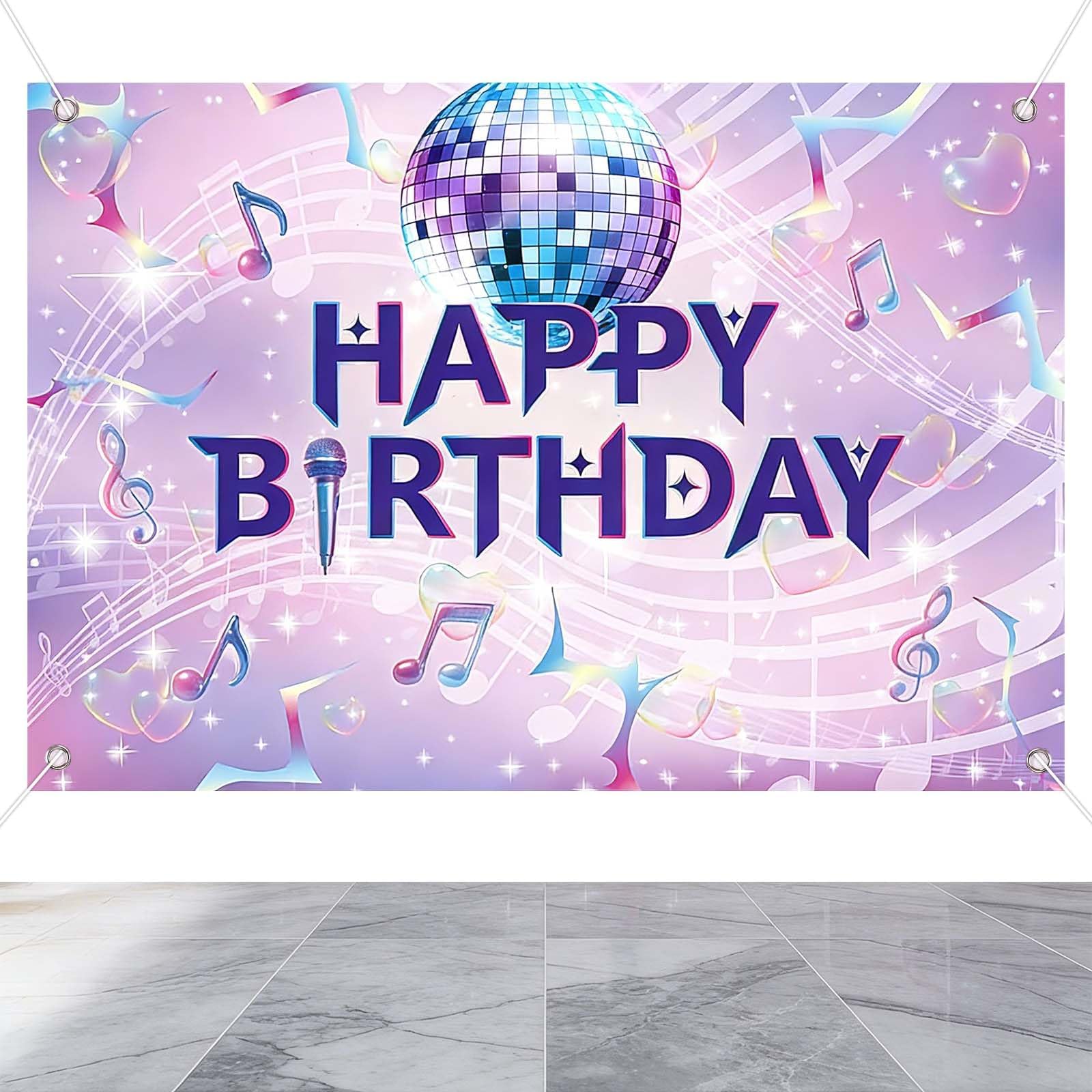 1PC Purple Happy Birthday Banner Party Backdrops for Wall, Happy Birthday Backdrop for Dreamy Musical Themed Birthdays Banners Backdrops, Background Wall Decoration for Girl Birthdays Celebration