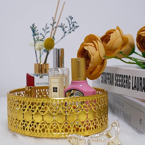 Miniatura 7 de Bandeja redonda de metal hueco dorado, cesta de frutas, organizador de maquillaje, centros de mesa para decoración, mesa de café, escritorio,