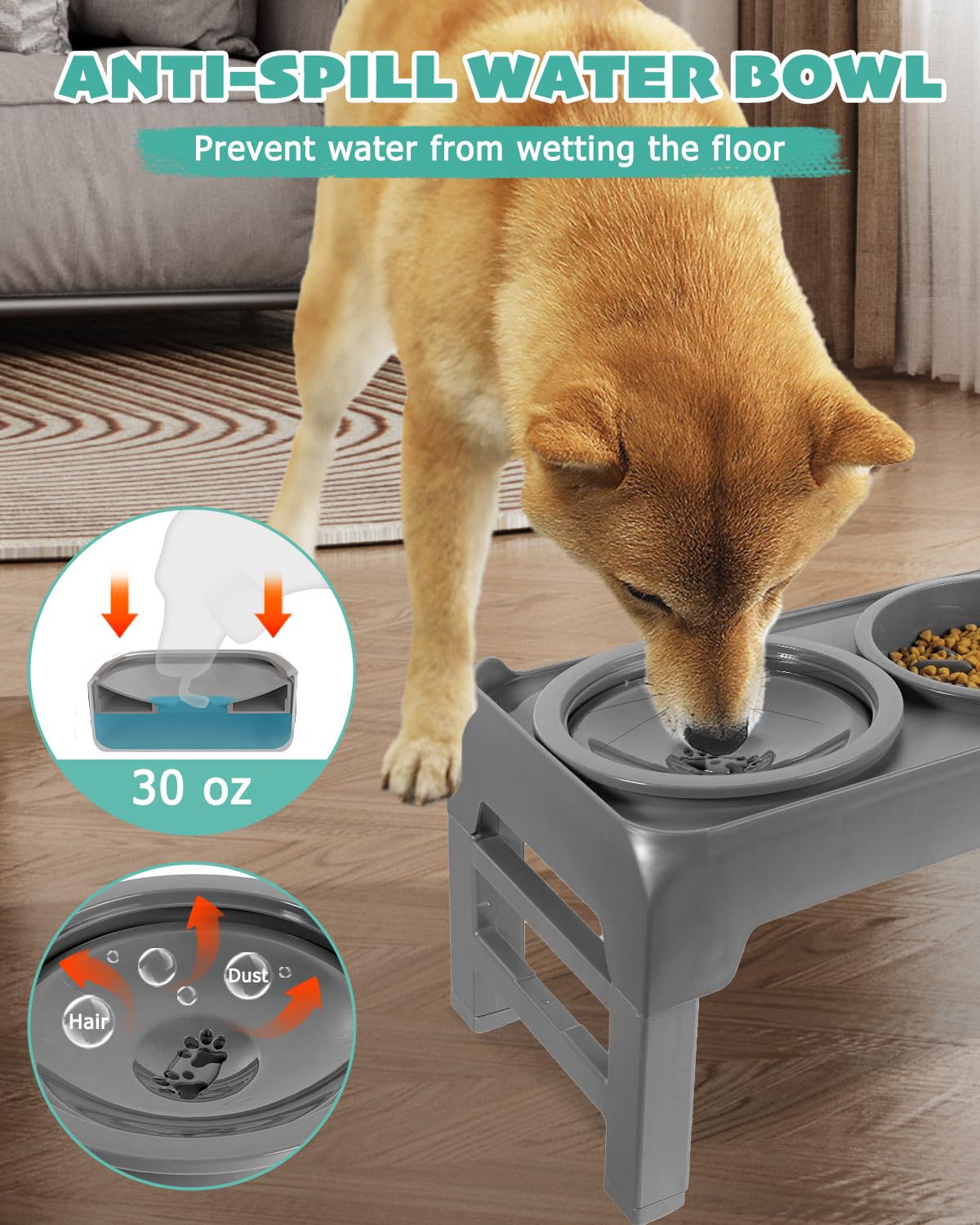 ZOMISIA 3-in-1 Elevated Dog Bowl Stand - 6 Height Adjustable, With Stainless Steel Bowls & Slow Feeder