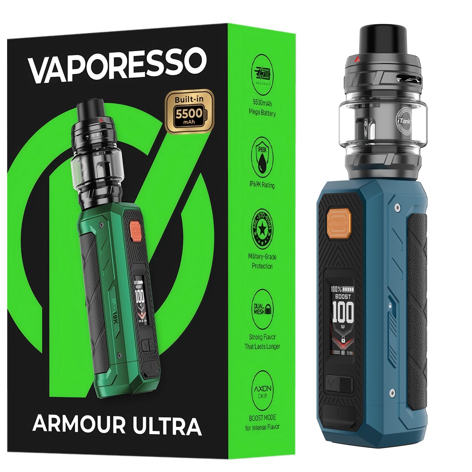 Vaporesso Armour Ultra Kit Built in 5500mAh Battery | 100W Tri-Proof Box  MOD 510 thread | 6ml Slide-open Itank T (dual mesh coil) DTL Vaping (Bleu  tempte) : Amazon.fr: High-Tech