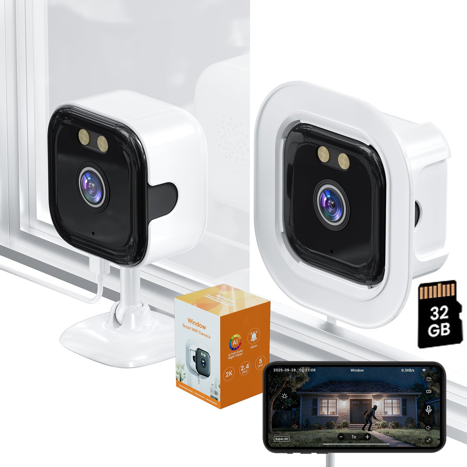 MyHive 2K Window Camera with 32GB SD Card, AI Night Vision 5G/2.4G WiFi Window Camera for Home Security, AI Window Anti-Glare & Motion Detection & APP 20+ Siren, Two-Way Audio Talk - 1 Pack
