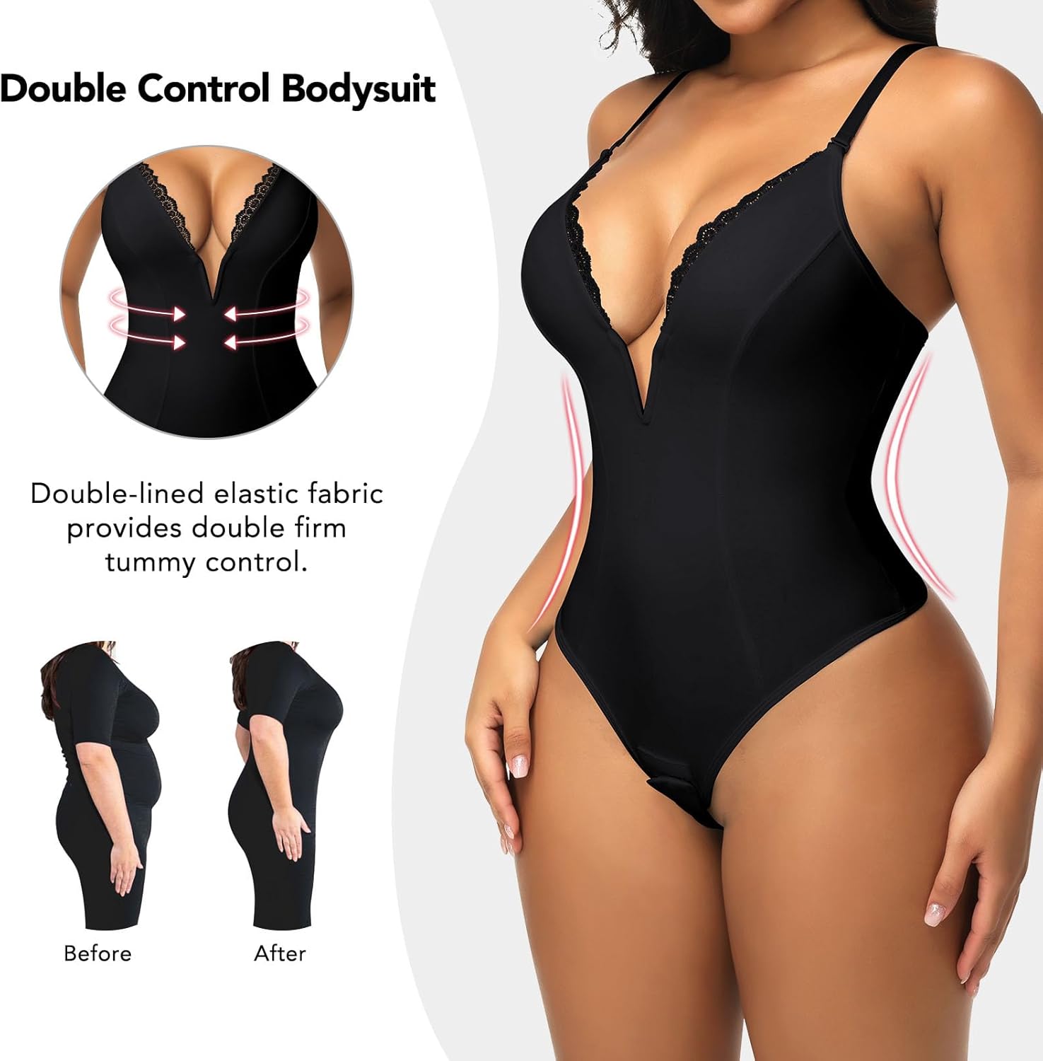 SHAPERIN Women's Lace Trimmed Deep V Neck Bodysuit Plunge Tummy Control Shapewear Thong Body Suits Cami Tank Corset Tops - Image 4