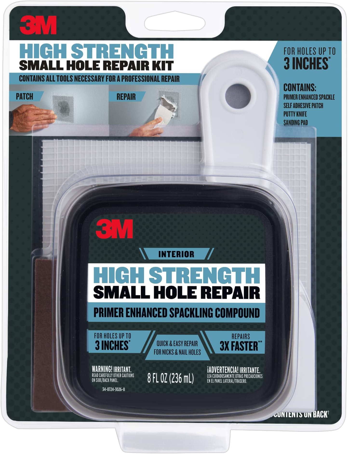 3M High Strength Small Hole Repair Kit, Inlcudes Spackling Compound, Putty Knife, Sanding Sponge, and Self-Adhesive Patch, For Hole Repairs Up To 3" in Diameter, Easy Wall Repair (SHR-KIT)