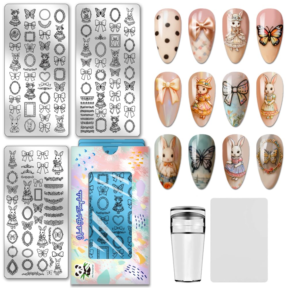 PH PandaHall 3pcs Easter Rabbit Nail Stamping Plates, Sweet Bow Lace Nail Art Templates Lovely Rabbit Butterfly Stainless Steel Image Plate Art Stencils for Women DIY Print Manicures Salon Design-image-30