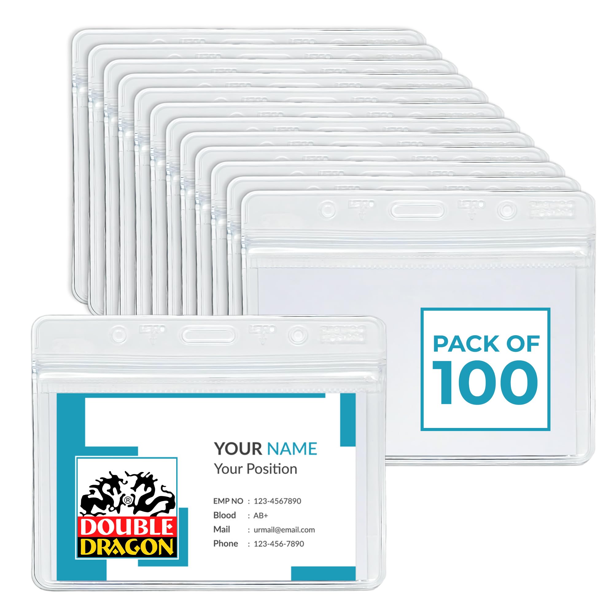 Double Dragon, Pack of 100, Premium Quality Clear Plastic Horizontal Waterproof Badge Holders, Name Tag Holders, ID Card Holders with Zip Seal