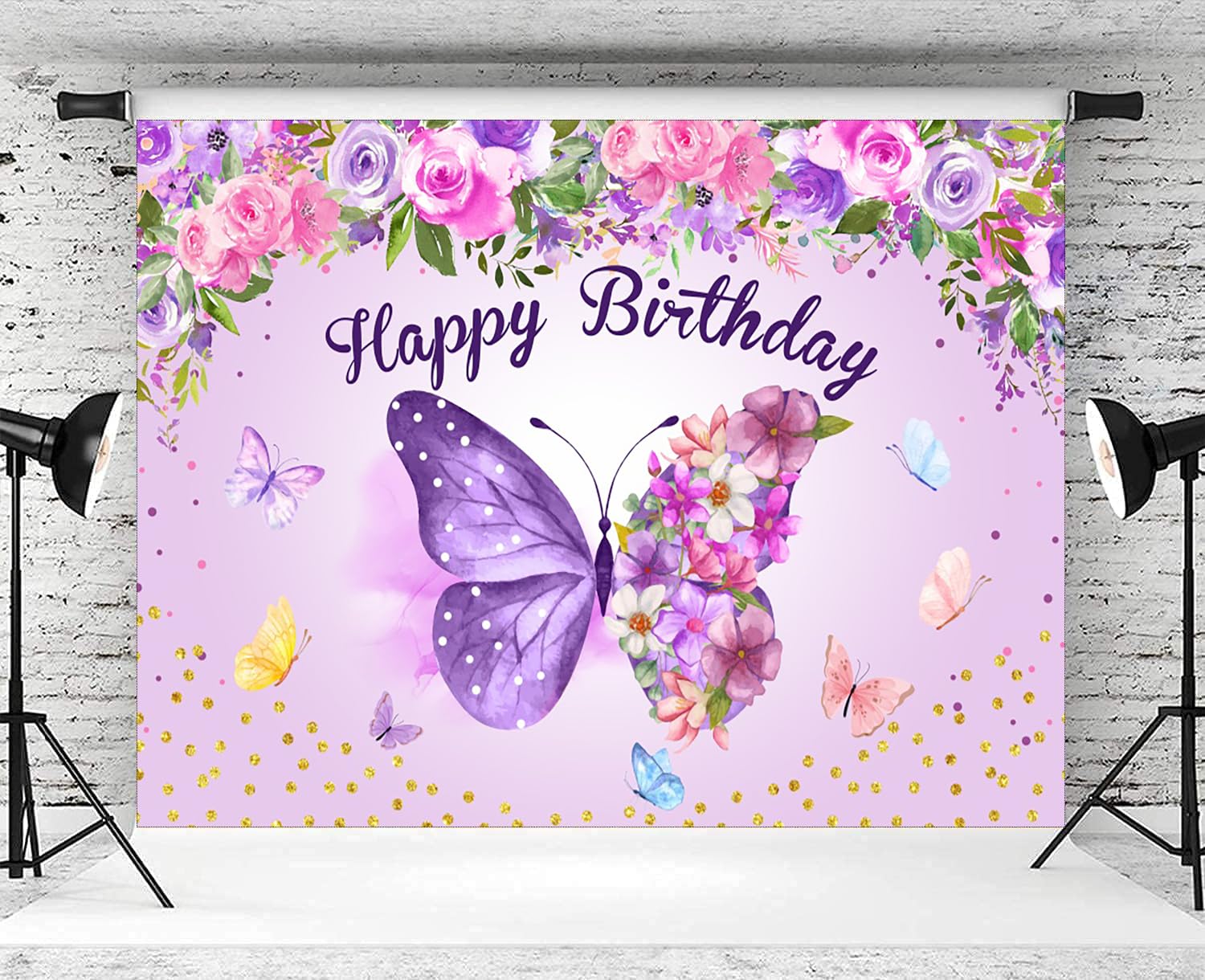 2,4 x 1,8 m Farfalla Buon Compleanno Sfondo Viola Farfalla Fiori Fotografia Sfondo per Ragazze Donne Festa di Compleanno Torta Tavolo Banner Decorazioni Forniture Photo Booth Puntelli