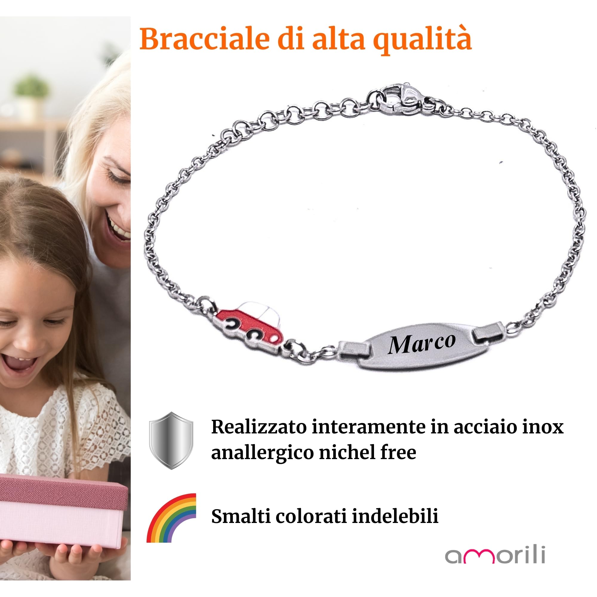 Bracciale Bimbo Personalizzato in Acciaio Inox – Incisione Gratuita Nome o Data – Idea Regalo Battesimo, Nascita o Compleanno bcc3105