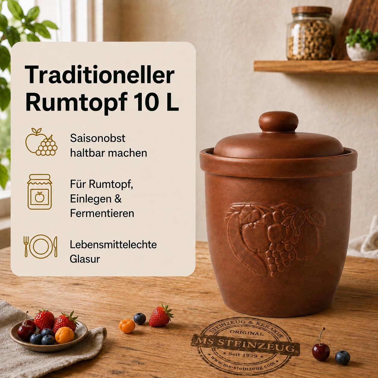 Gärtopf 10 Liter, Rumtopf, Sauerkrauttopf, braun