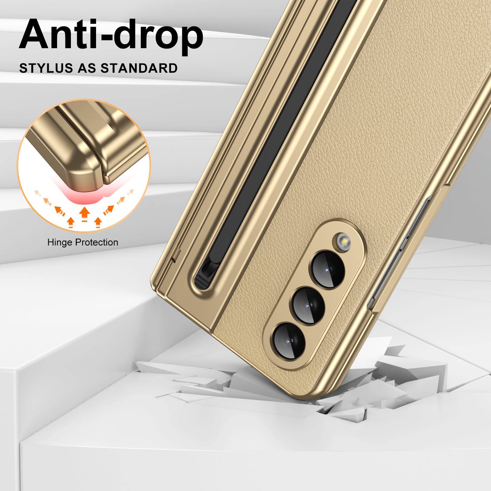 per Galaxy Z Fold4 Custodia con Penna e Slot per Penna, Pellicola Protettiva in Vetro Temperato + Protezione Cerniera Cover in Pelle per Samsung Galaxy Z Fold4-Oro