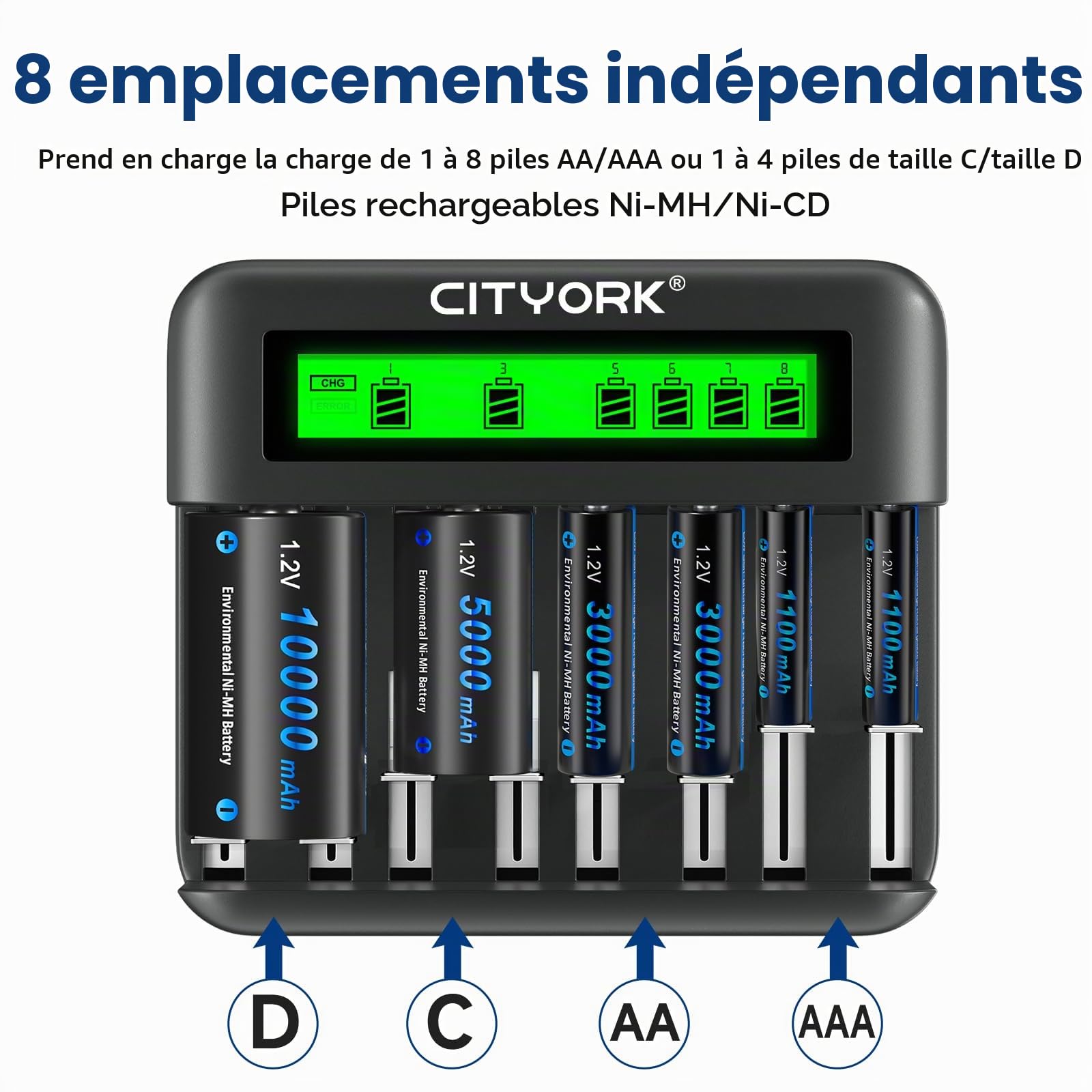 CITYORK Chargeur avec piles rechargeables D 10000 mAh 1,2 V Ni-MH, chargeur pour batterie AA/AAA/C/D, Lot de 6