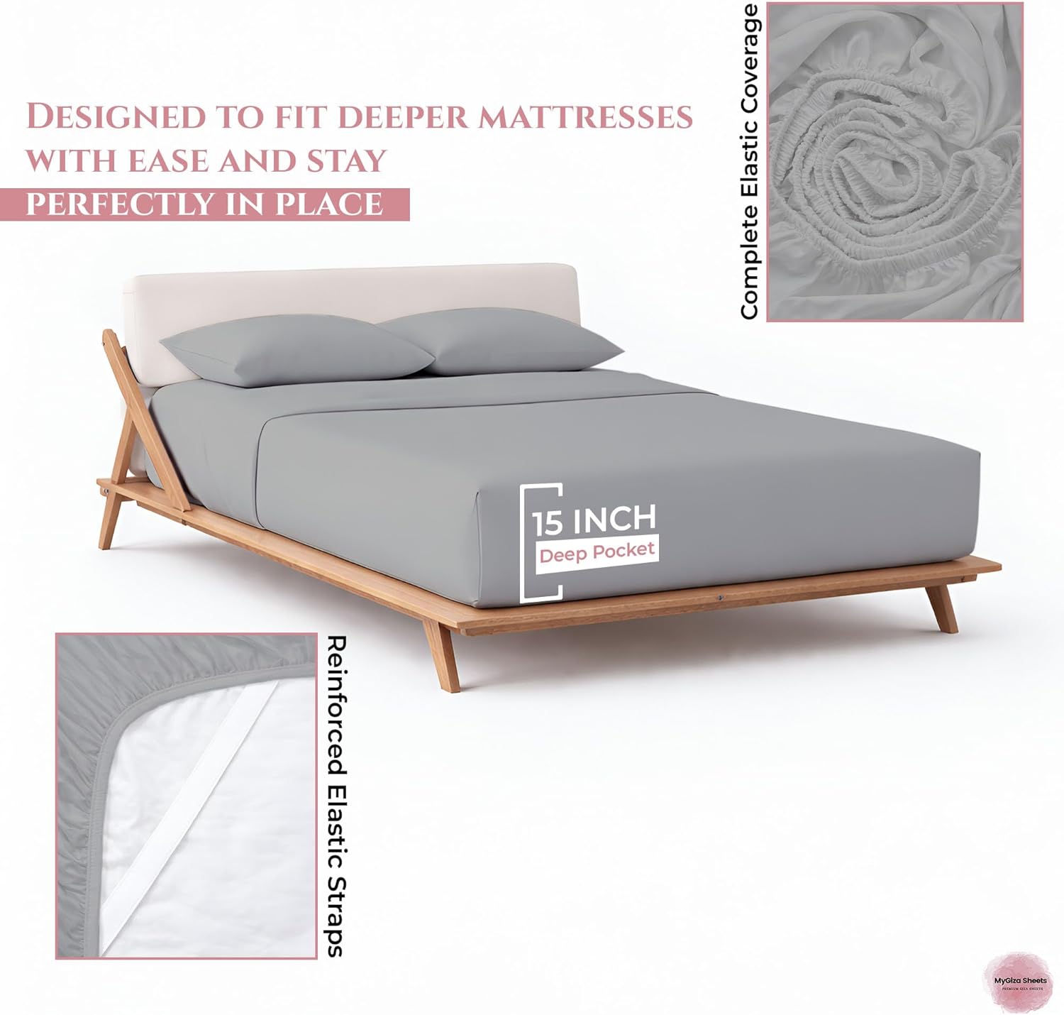 MyGiza Sheets 4 Pcs Twin Sheet Set, 100% Certified Giza Egyptian Cotton, Soft & Luxury Sheets fits 15 Inches Deep Mattress, Light Grey