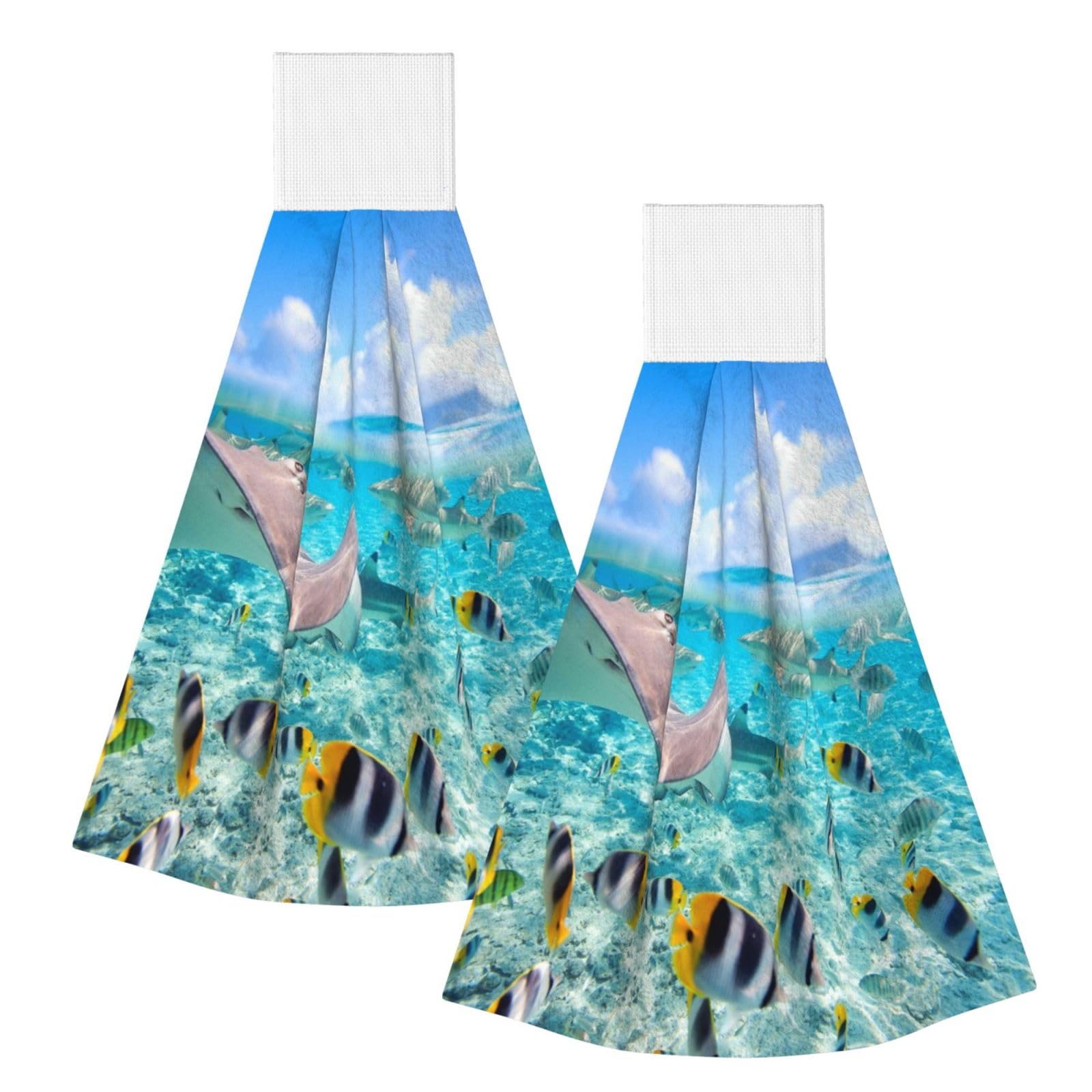 DOPKLNA Colorful Fishes Printing, 2 Pcs Hanging Coral Fiber Hand Towels for Bathroom, Absorbent Kitchen Towels