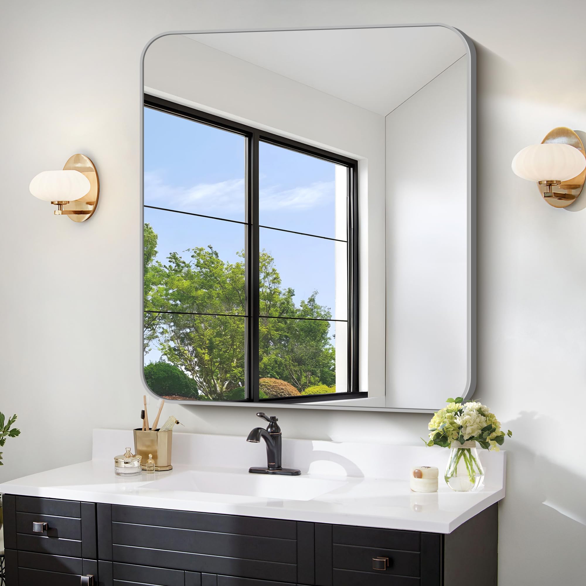 forbath 30x30 inch silver bathroom mirror for over sink, large square wall mirror with metal frame, rounded corners for bathroom, bedroom, entryway decor (horizontal or vertical)