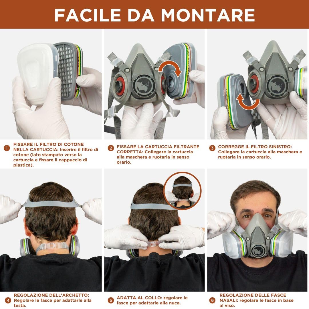 RHINO Smart Solutions Maschera antipolvere, maschera antigas riutilizzabile, filtri antiparticolato