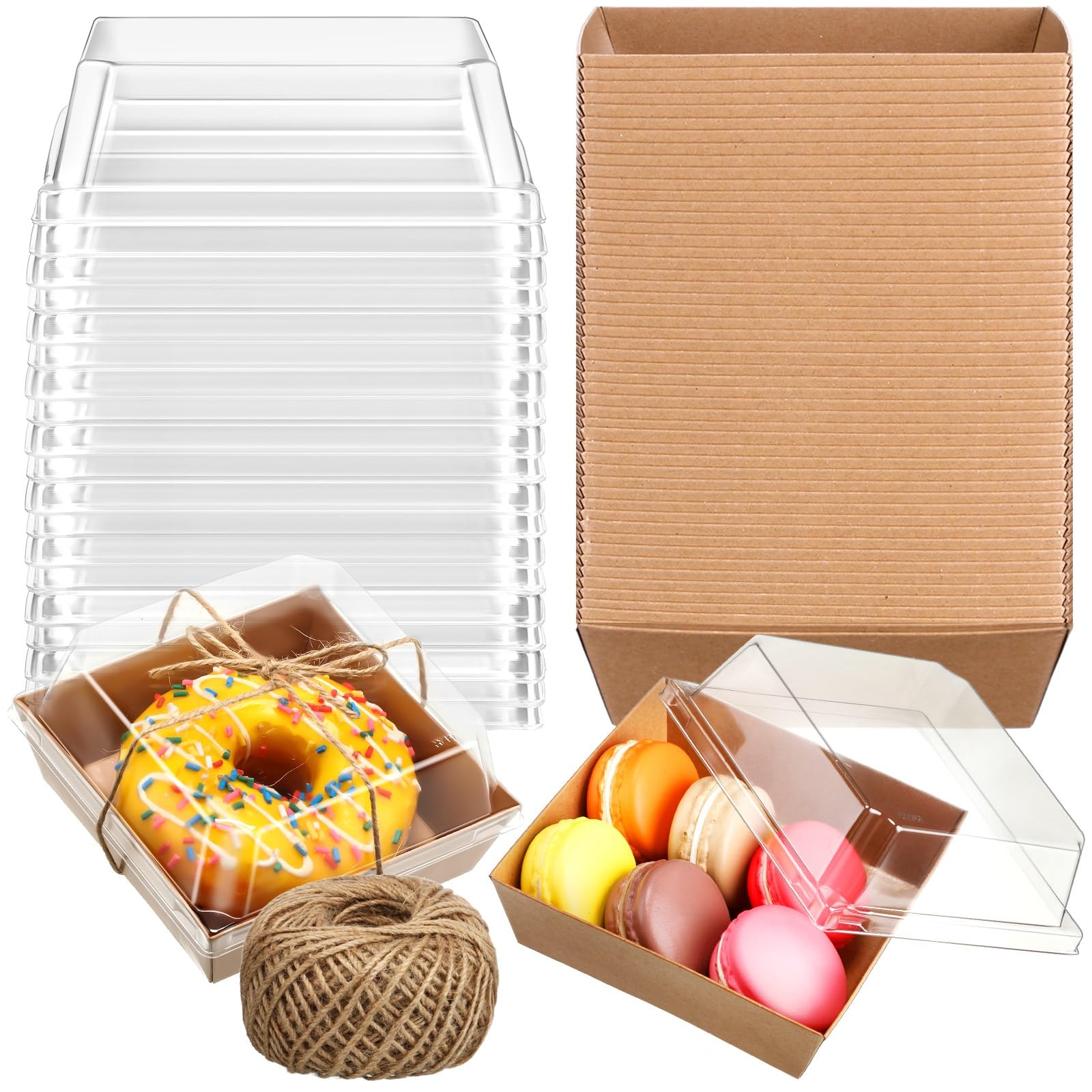 Jetec 50 Pack Charcuterie Boxes with Clear Lids and Rope 4 Inches Cake Disposable Square Dessert Food Box Containers with Lids for Bakery Macaron