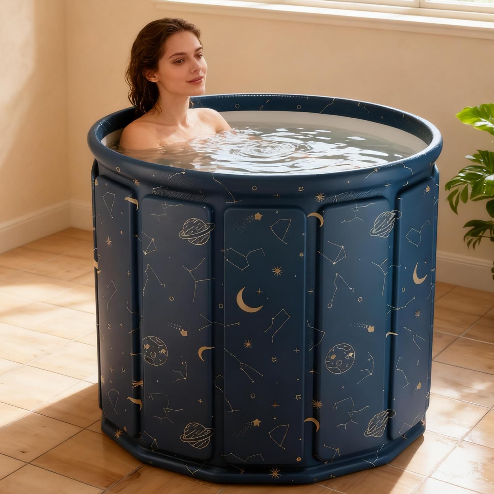 XUDREZ Faltbare Badewanne Blue Planet 80cm, 6-Lagen Thermo-Isolierung 3H Temperaturhaltung, 325L Eisbadewanne & Heißbad für Erwachsene, Tragbare Tauchwanne für Balkon Gym Camping Home