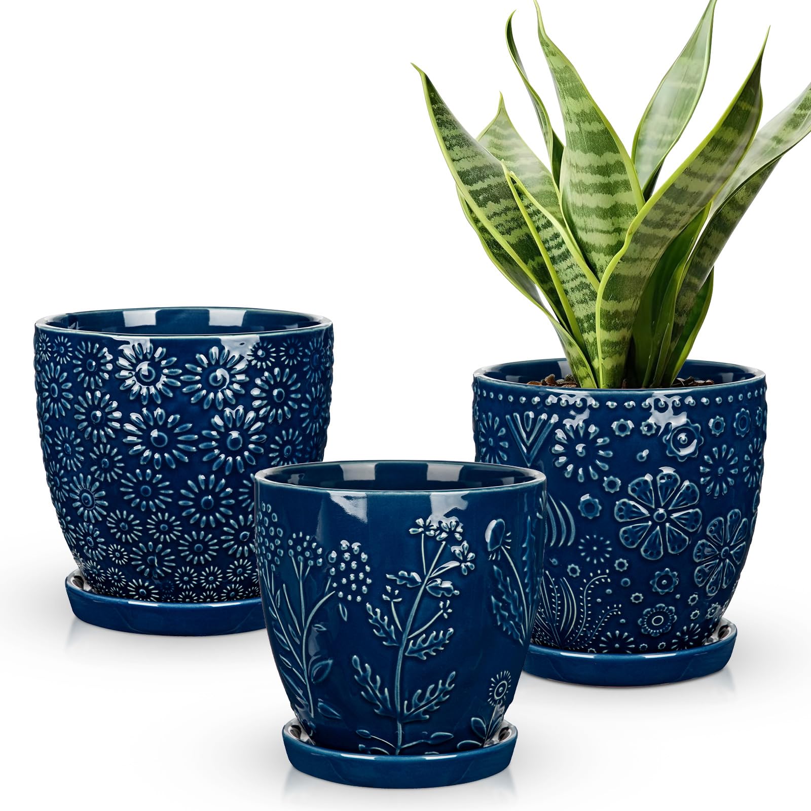 Oairse 3er-Set Keramik Blumentopfe mit Abflussloch und Untersetzer, 15 cm