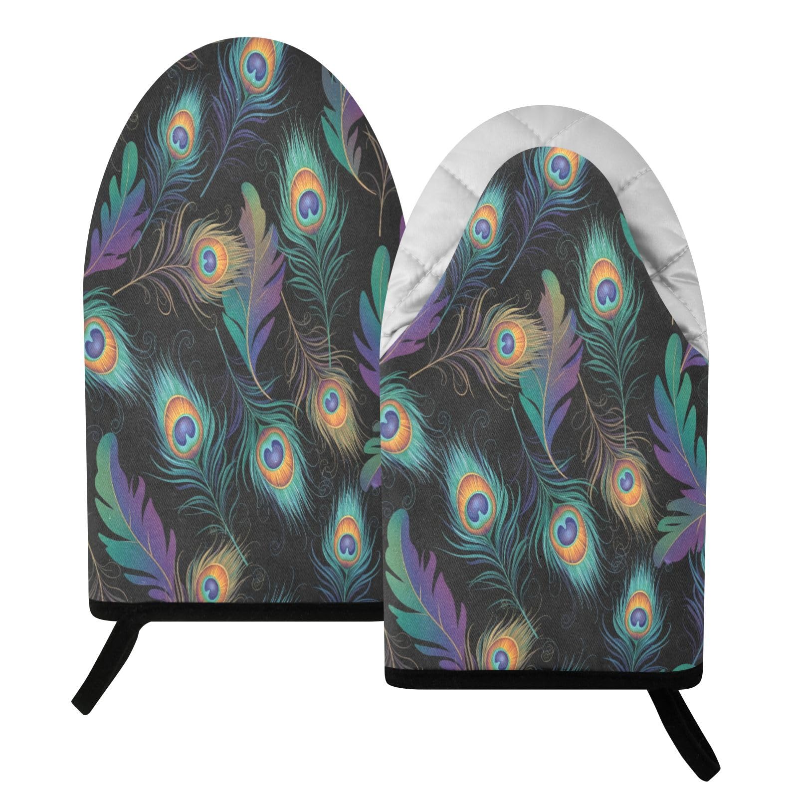 BURSTDDY Peacock Feathers Oven Mitt,Heat Resistant Kitchen Mitts for Cooking