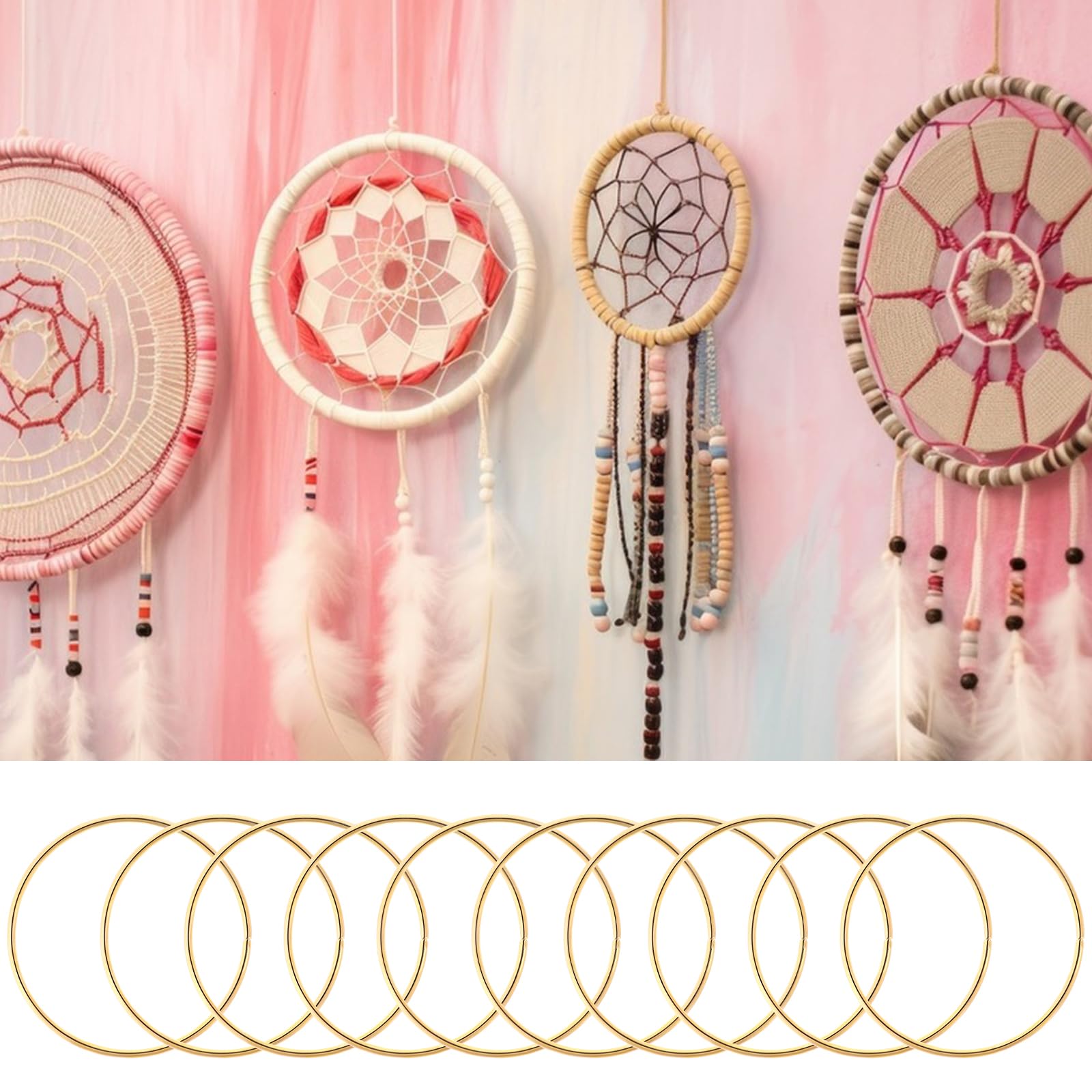 Lot de 10 anneaux en métal pour bricolage, décoration, macramé, artisanat, cerceaux floraux, pour la fabrication de couronnes de mariage, attrape-rêves et centres de table DIY suspendus au mur (doré