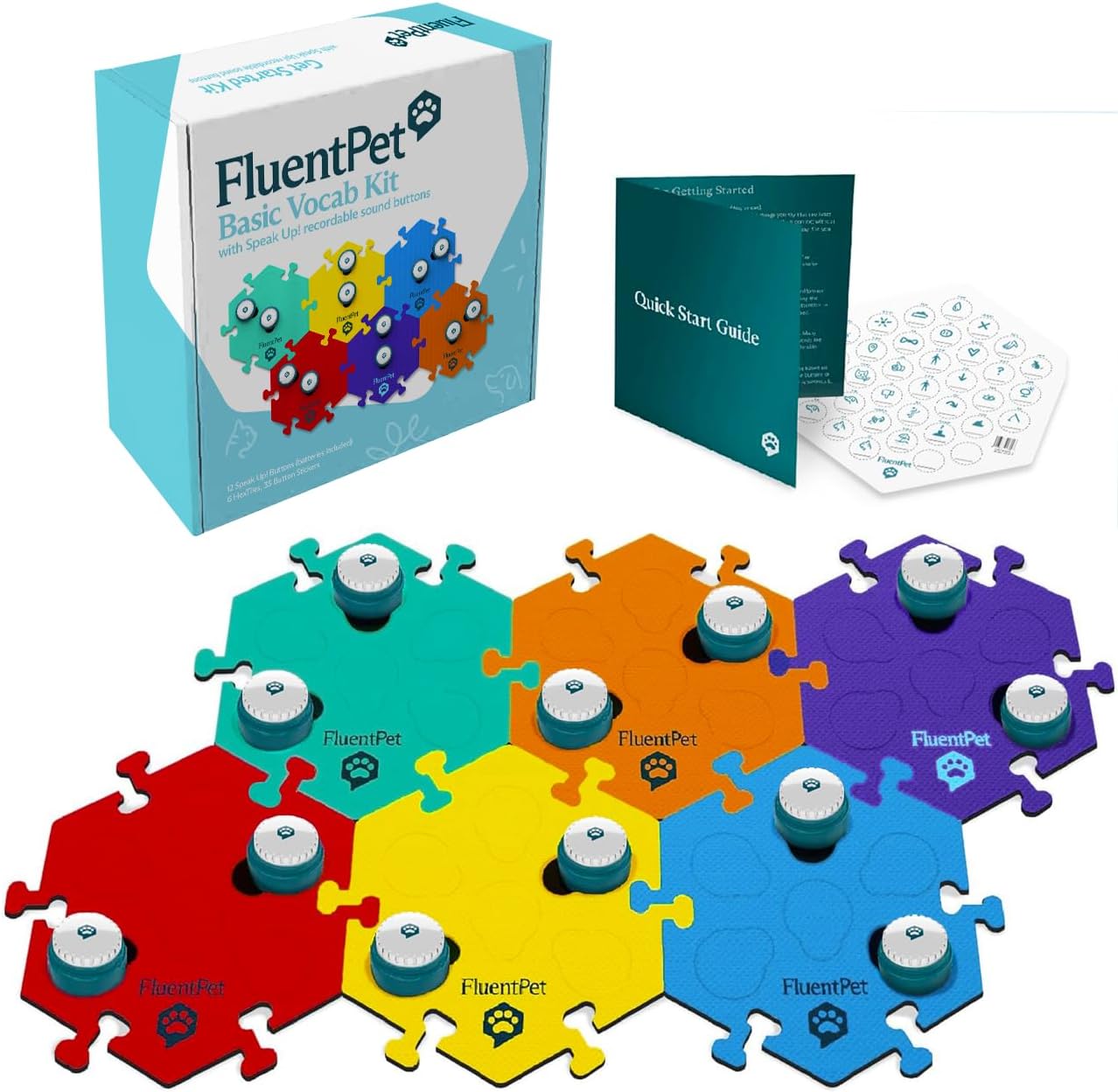 Speak Up! Key Vocab Kit with Clearer Upward-Facing Sound - 12 Recordable Buttons w/Pre-Installed Batteries, 6 HexTile Button Mats - Training Dog & Cat Communication Buttons