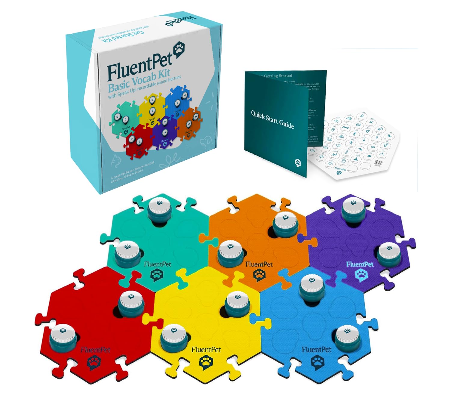 FluentPet Speak Up! Key Vocab Kit with Clearer Upward-Facing Sound - 12 Recordable Buttons w/Pre-Installed Batteries, 6 HexTile Button Mats - Training Dog & Cat Communication Buttons