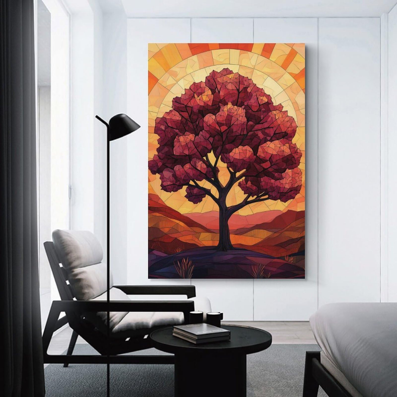 Junmoney Unframe-Style-14-1 Wall Picture Print Tree Silhouette Sunset Stanied Glass, 20X30inch(50X75cm), For Contemporary Homes, Apartments Or Offices, Decorative Canvas Decor For Home Updates