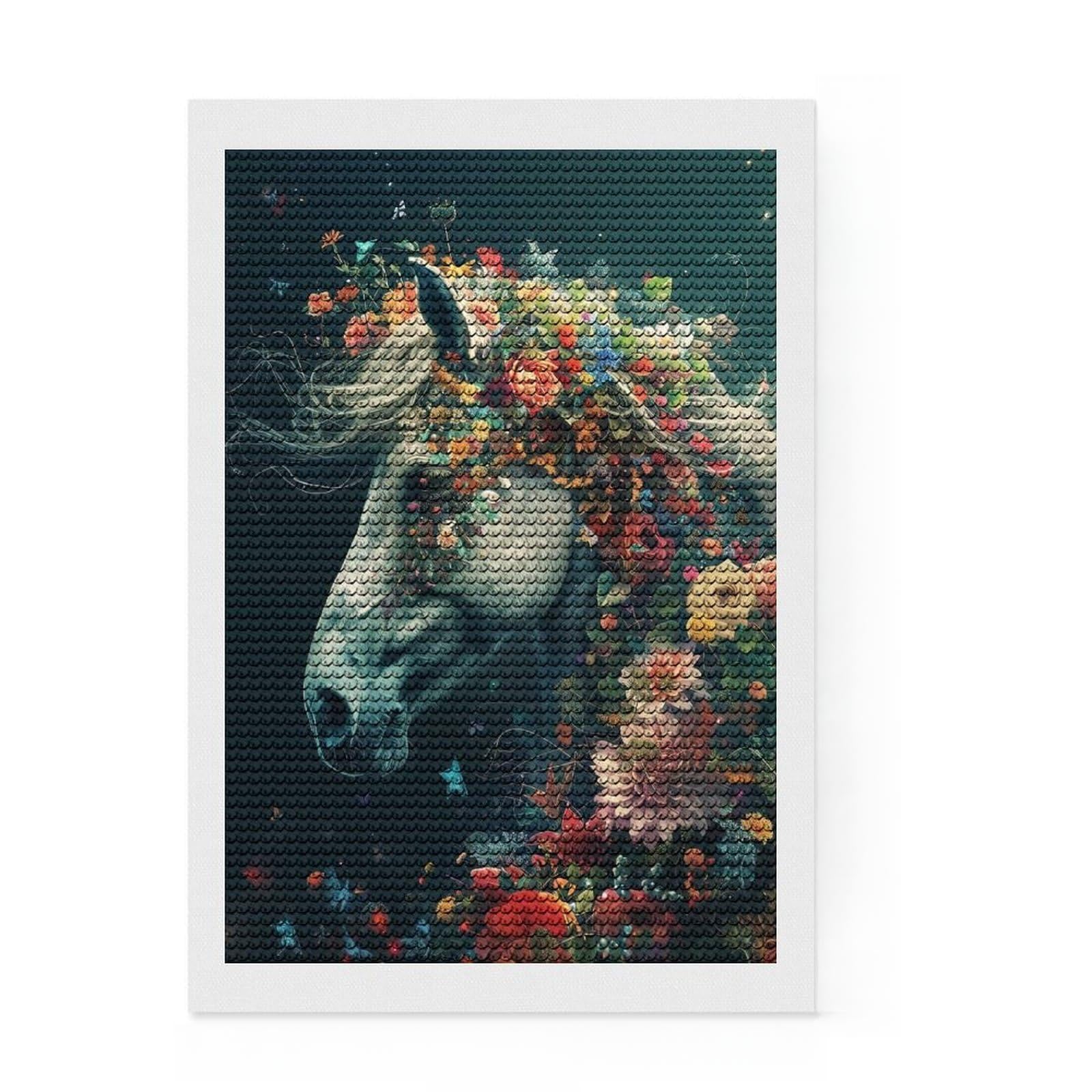 Junmoney Horse Flowers Diamond Art Canvas 8"x12", for Creative Relaxation, Easy Handmade Project, Office Decor, Christmas Gift
