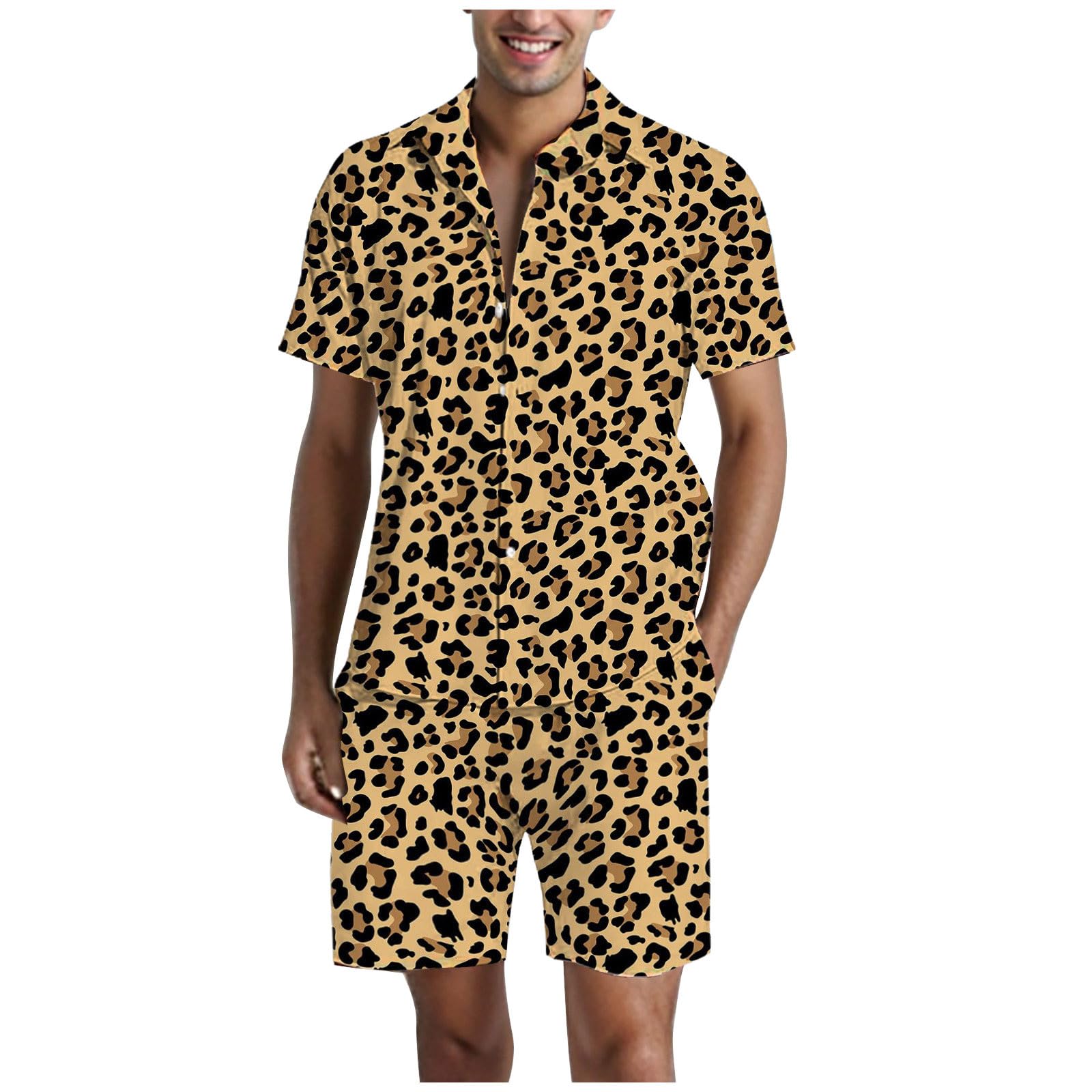 Générique Ensemble imprimé léopard Chemise hawaïenne pour homme Coupe ajustée Pantalon court avec cordon de serrage Short de plage T-shirt et short Ensemble costume