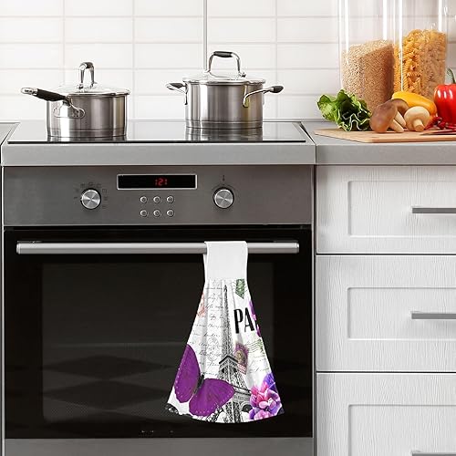 Miniatura 6 de STAYTOP Juego de 2 toallas de mano de mariposa morada y torre Eiffel, suaves y de rápida absorción, toallas colgantes o calcomanías mágicas con
