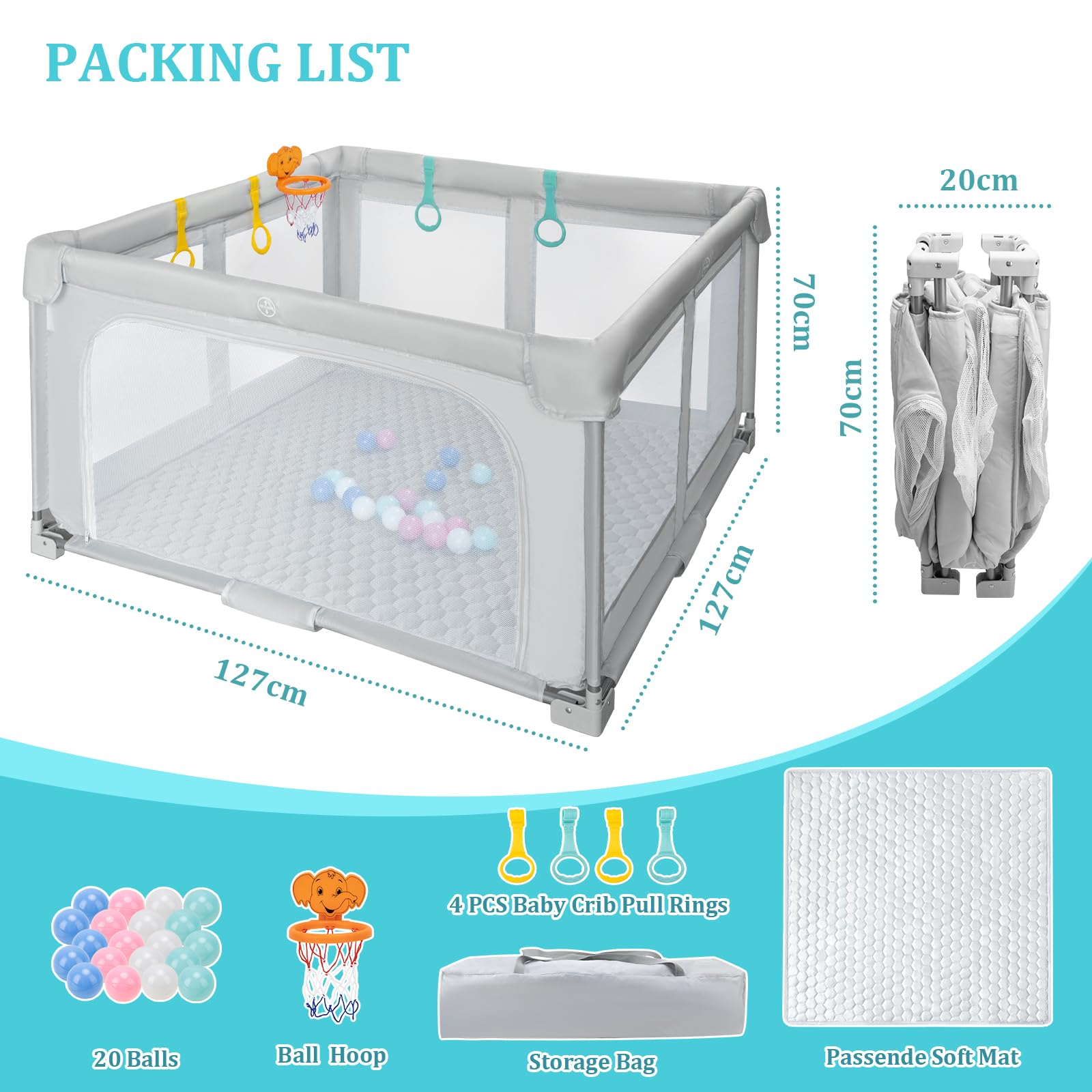 Jardín Plegable Bebé 127×127cm: Interior/Exterior – Bolsa, 20 Pelotas, 4 Anillos + Canasta, Colchoneta Espuma