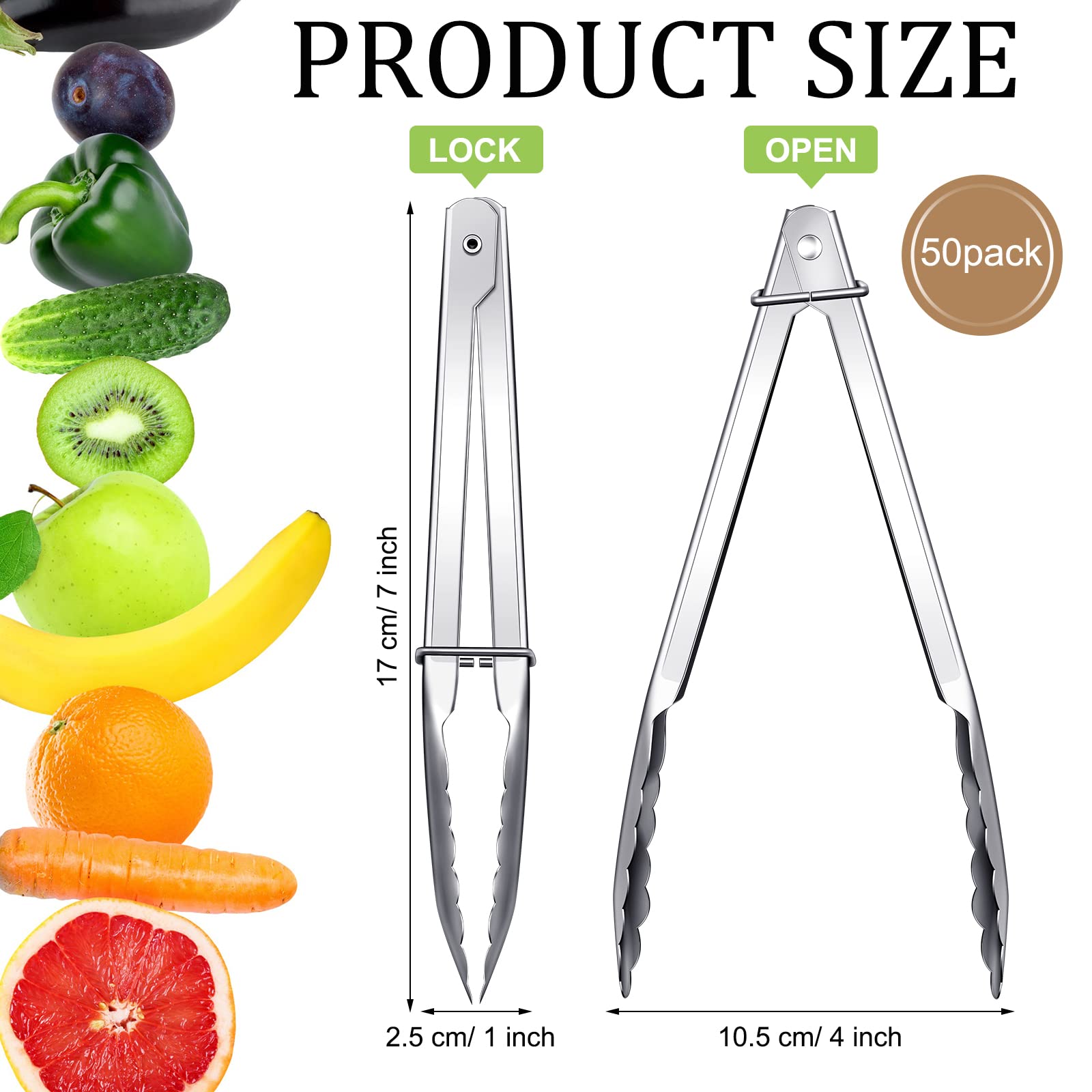 50 pinzas de cocina pequeñas de acero inoxidable de 7 pulgadas con anillos deslizantes, mini pinzas para servir para cocinar alimentos y ensaladas a la parrilla