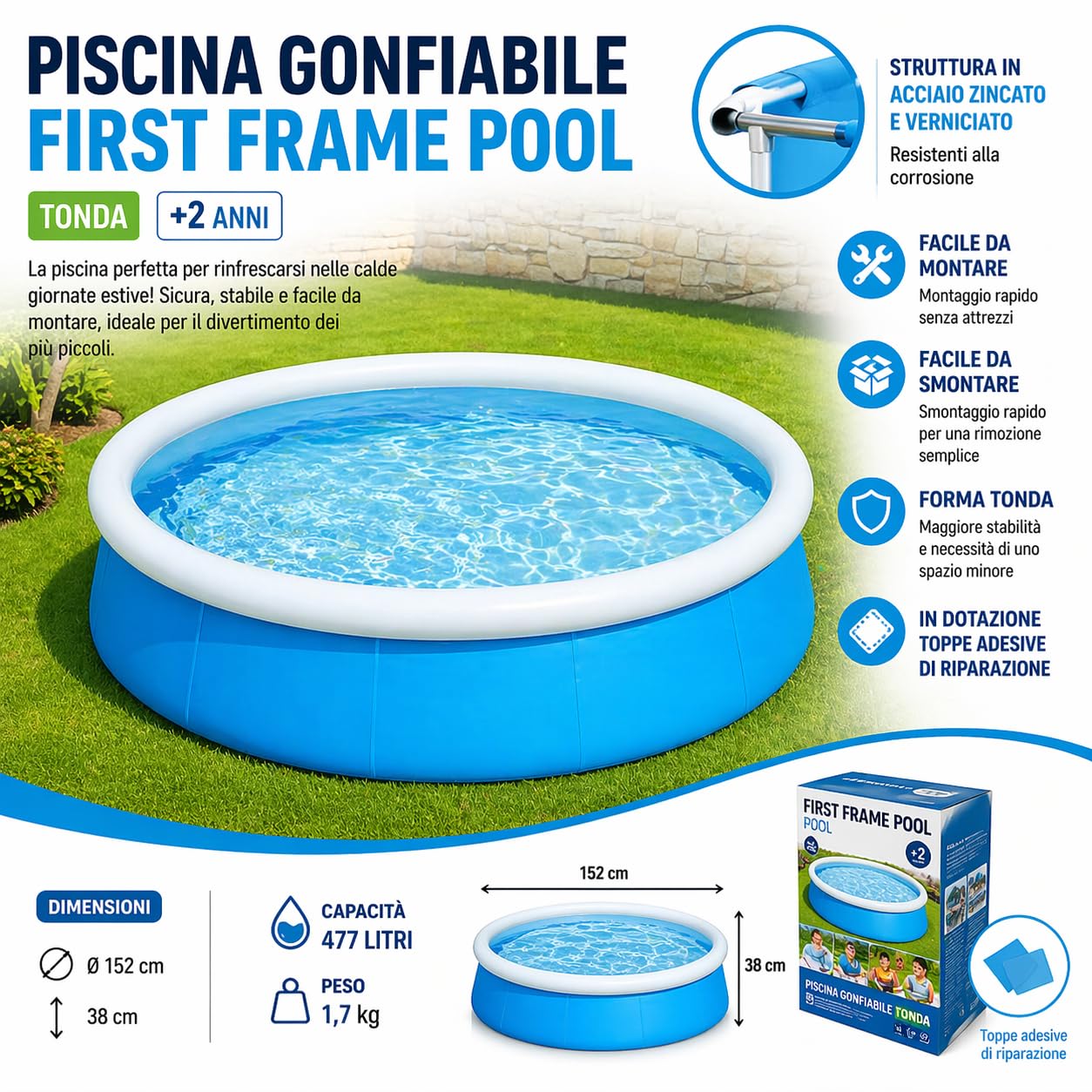 Piscina Gonfiabile Tonda First Frame Pool Ø152x38 cm – Struttura in Acciaio, 477 Litri – Facile Montaggio + Kit Riparazione – LEMAG SRL