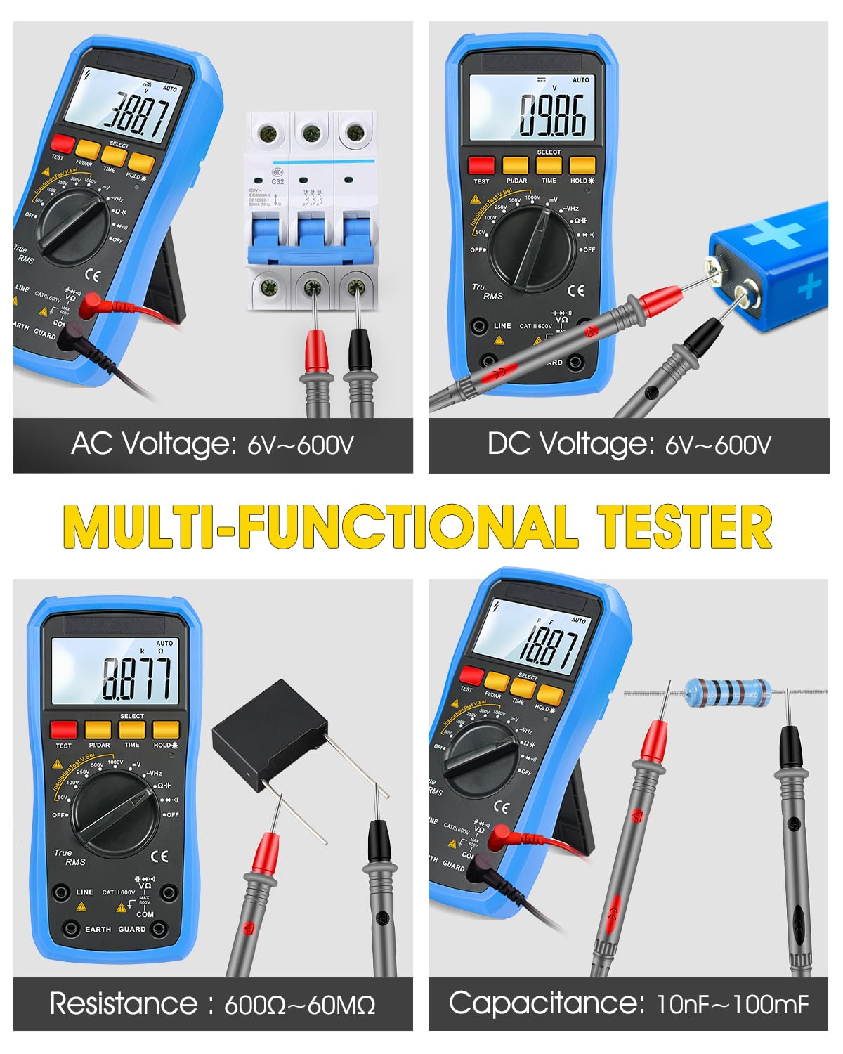 Megohmmetro Multimetro, Tester di Resistenza Isolamento 0,05 MΩ–20 GΩ, Tensione Nominale 50 V–1000 V, Test PI/DAR, CA/CC, Resistenza Capacità per Apparecchiature Elettriche, Trasformatori, Motori